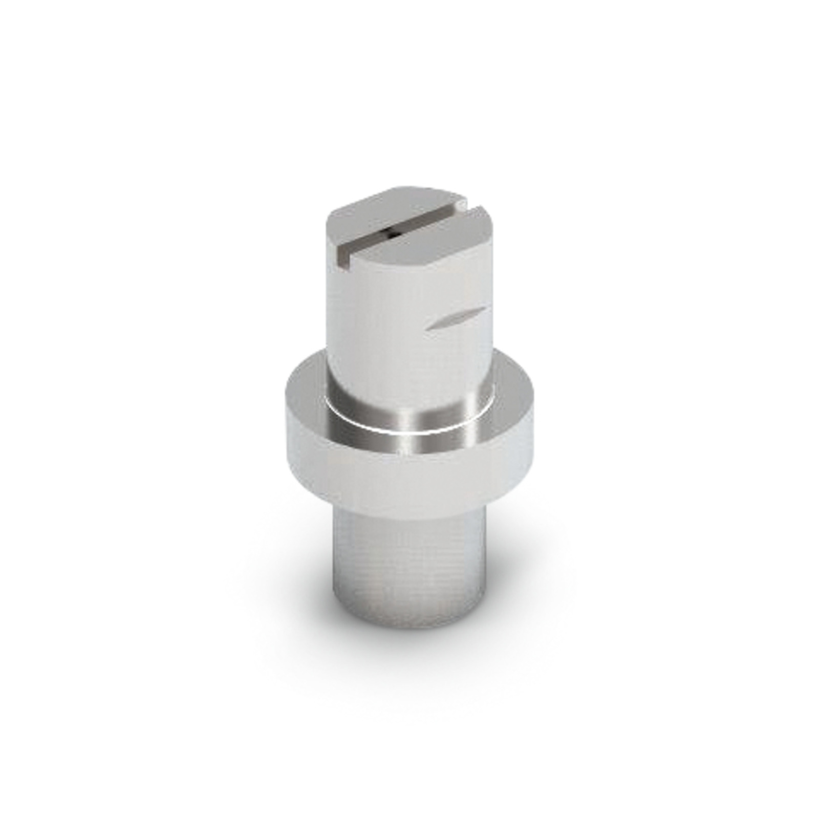 Silver cylindrical metal component with a slotted top, standing upright on a white background.