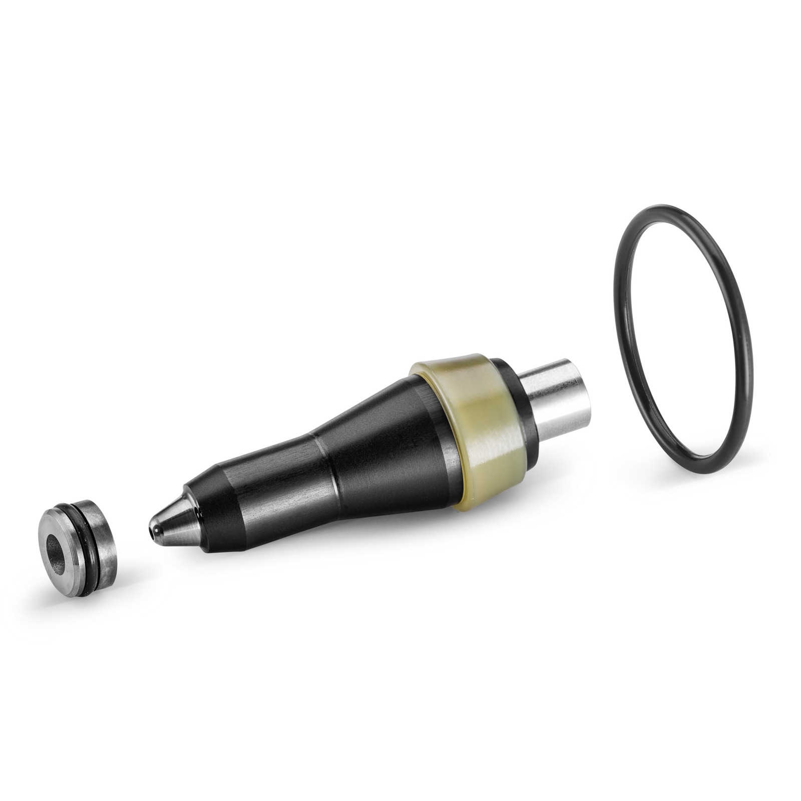 Kärcher nozzle with a metal tip, rubber ring, and small metal component on a white background. Kärcher nozzle with a metal tip, rubber ring, and small metal component on a white background.