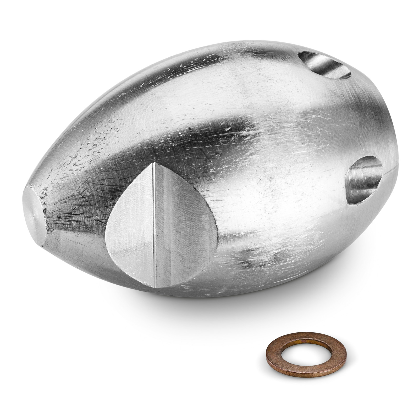 Metal nozzle with multiple holes, featuring a conical shape, next to a small, round, rust-coloured washer on a white background. Metal nozzle with multiple holes, featuring a conical shape, next to a small, round, rust-coloured washer on a white background.