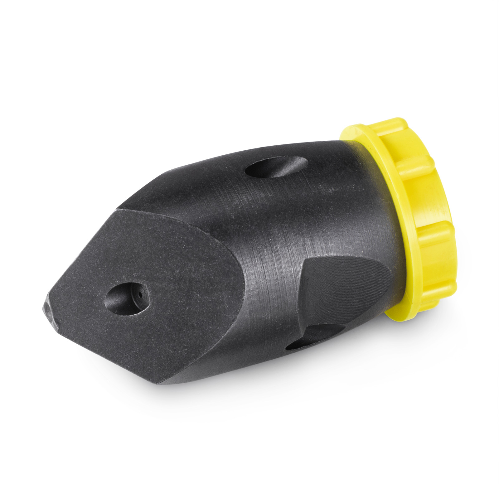 Black and yellow Kärcher high-pressure cleaner nozzle accessory isolated against a white background. Black and yellow Kärcher high-pressure cleaner nozzle accessory isolated against a white background.