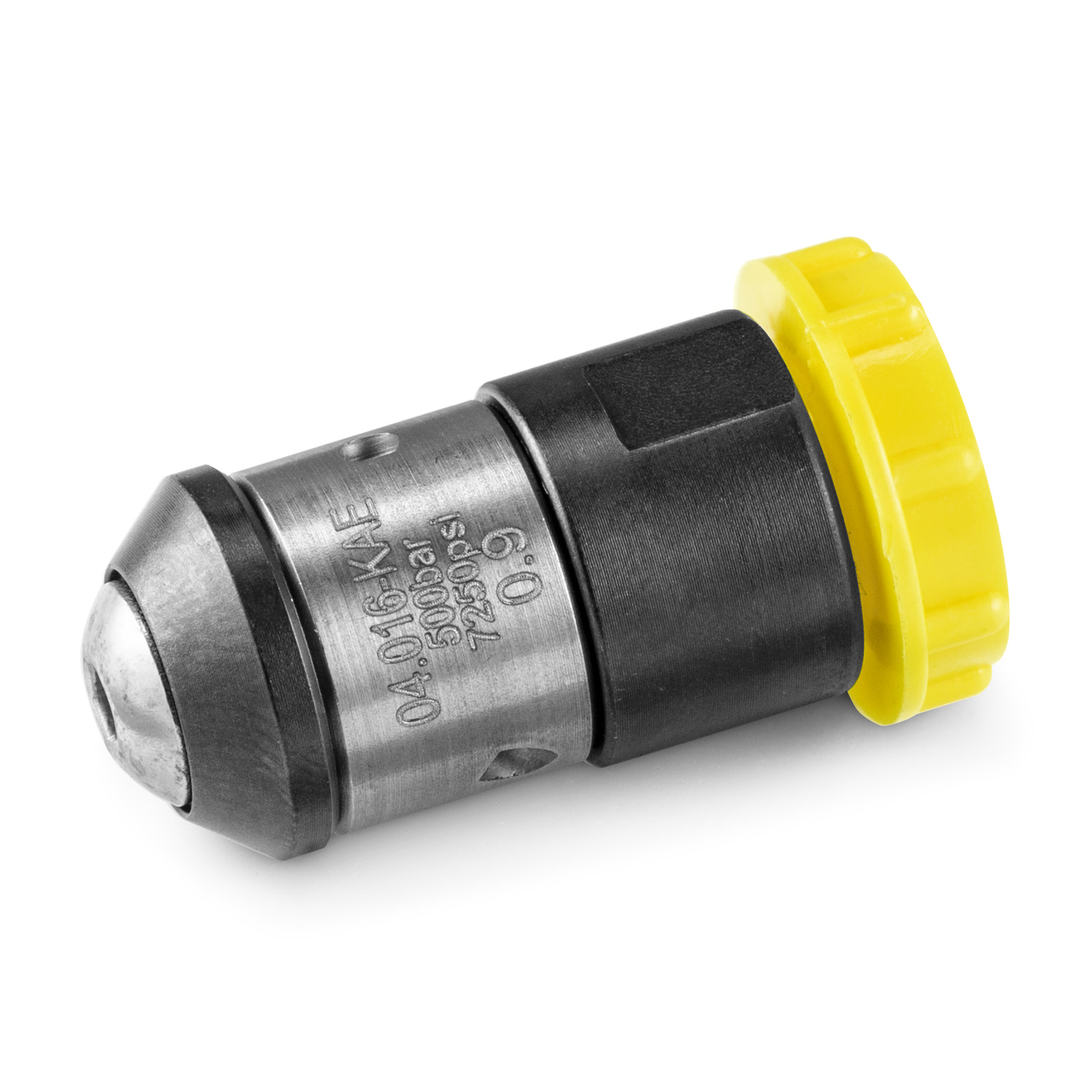 Kärcher high-pressure cleaner nozzle accessory, featuring a cylindrical metal housing with black and yellow plastic components on a white background. Kärcher high-pressure cleaner nozzle accessory, featuring a cylindrical metal housing with black and yellow plastic components on a white background.