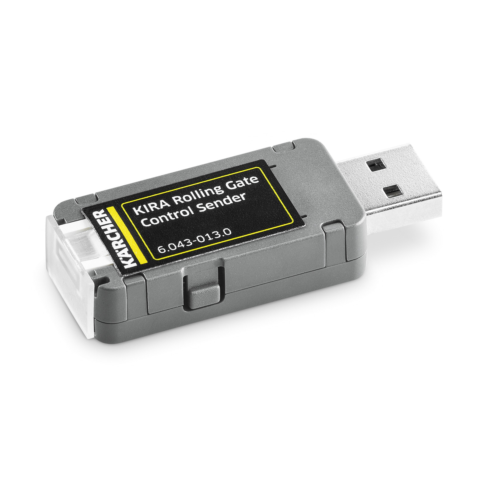 Kärcher KIRA Rolling Gate Control Sender, USB device with grey casing and labelled black sticker. Kärcher KIRA Rolling Gate Control Sender, USB device with grey casing and labelled black sticker.