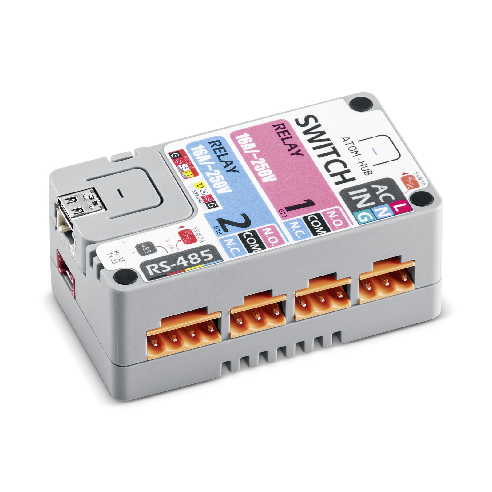 Grey Atom Hub switch with RS-485 port, labelled relay slots, and orange connectors on the side.