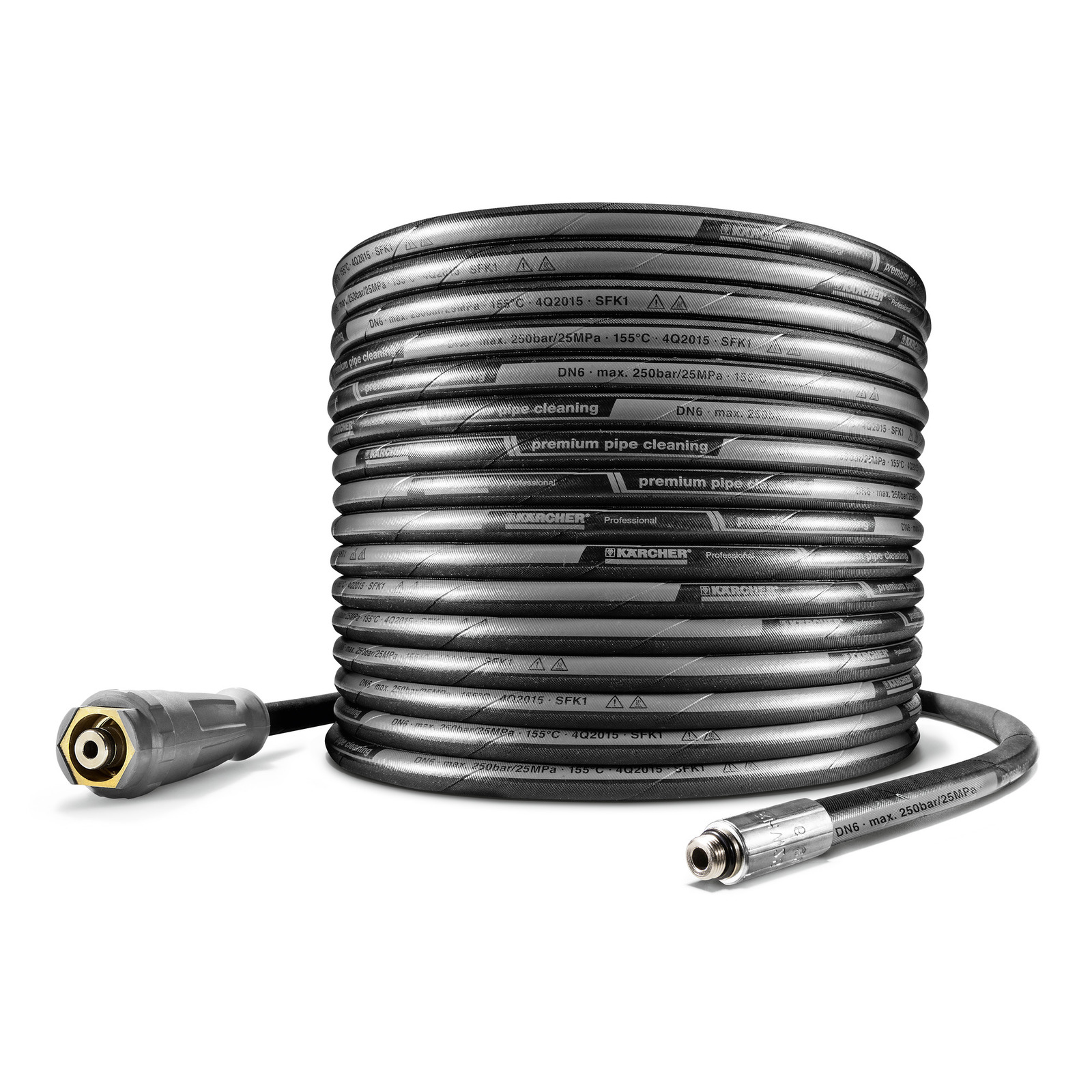 Coiled Kärcher premium pipe cleaning hose with metal connectors, featuring product specifications printed on the surface.