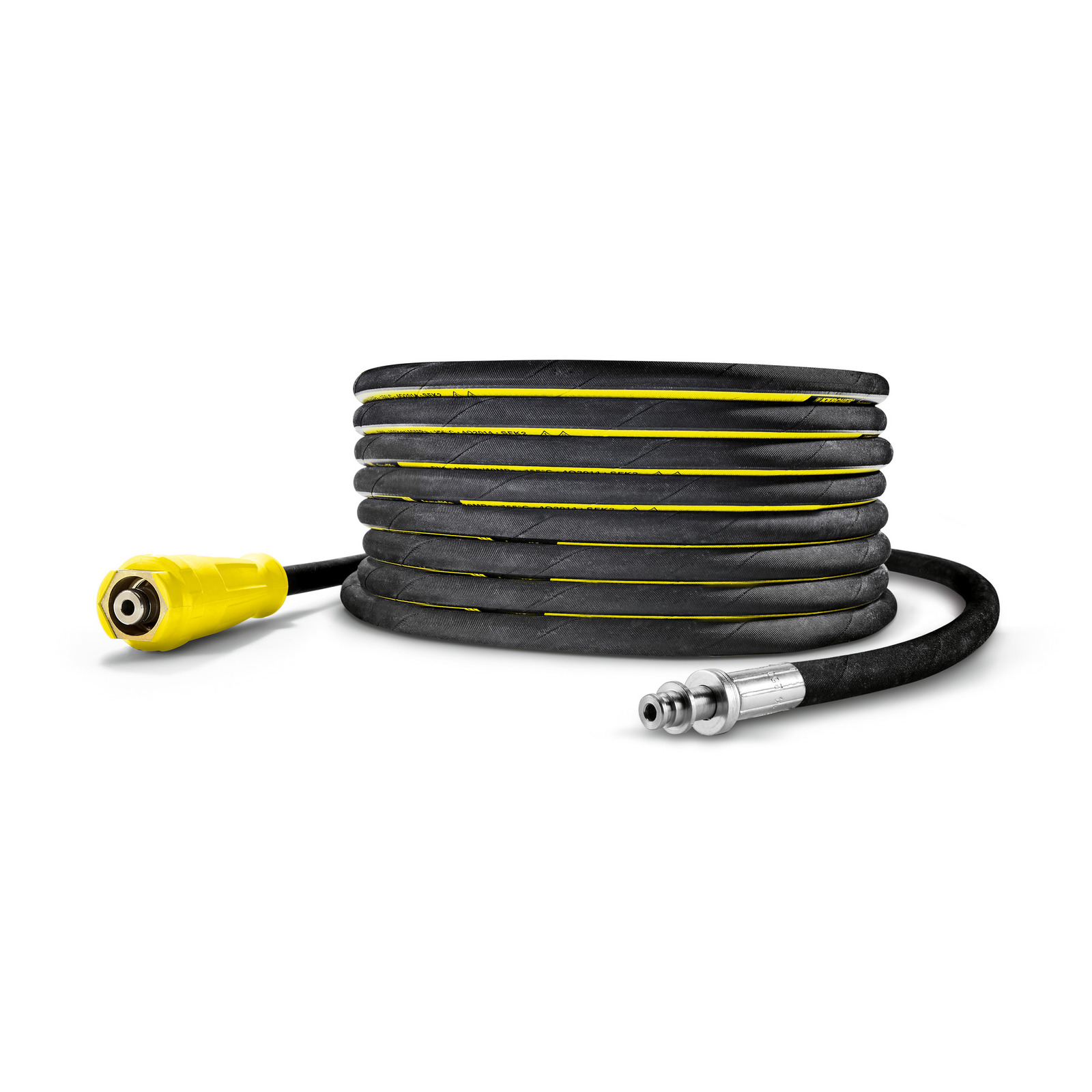 Coiled Kärcher high-pressure cleaner hose with yellow and black stripes, featuring a yellow connector and metal fitting.