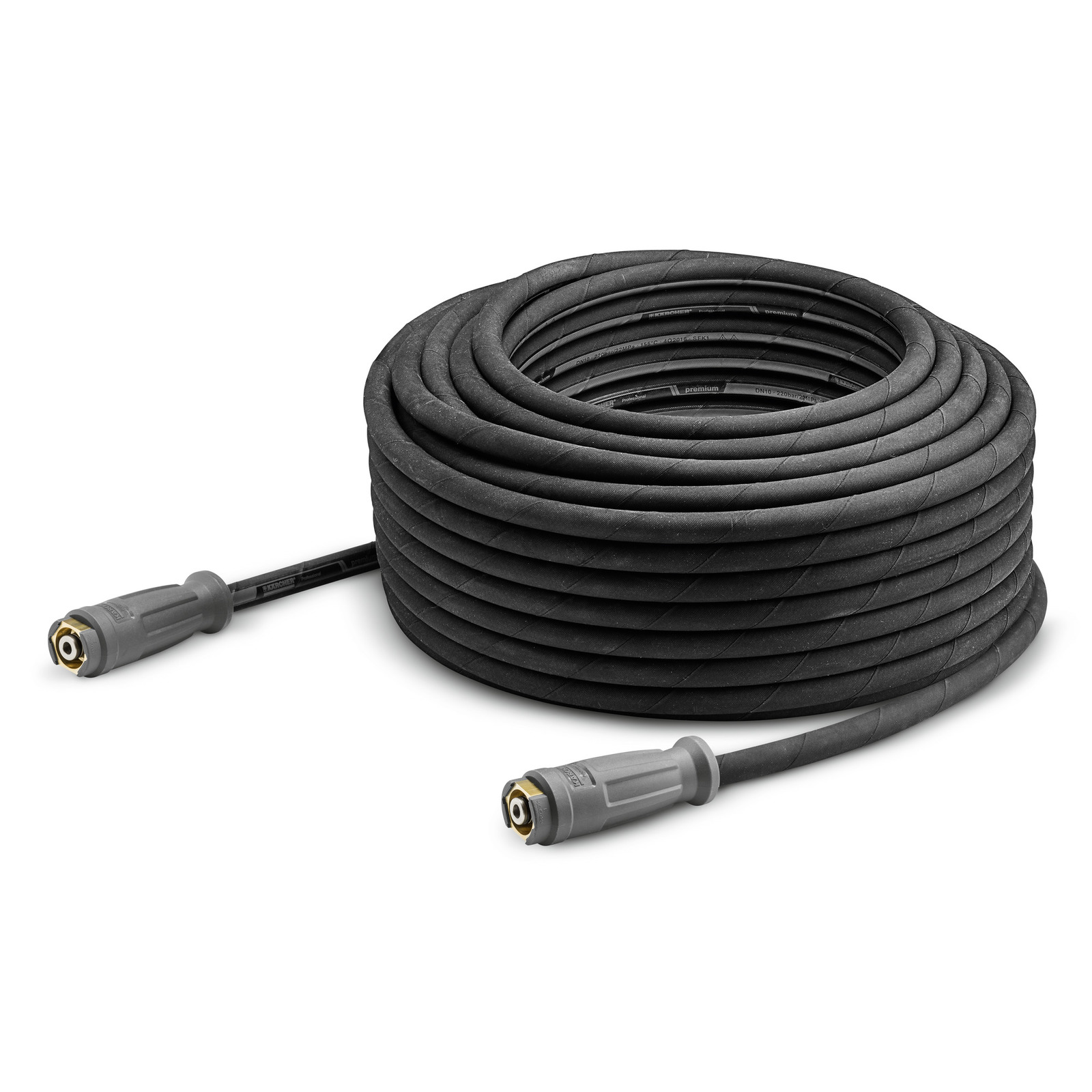 Coiled Kärcher high-pressure cleaner hose with connectors on a white background. Coiled Kärcher high-pressure cleaner hose with connectors on a white background.