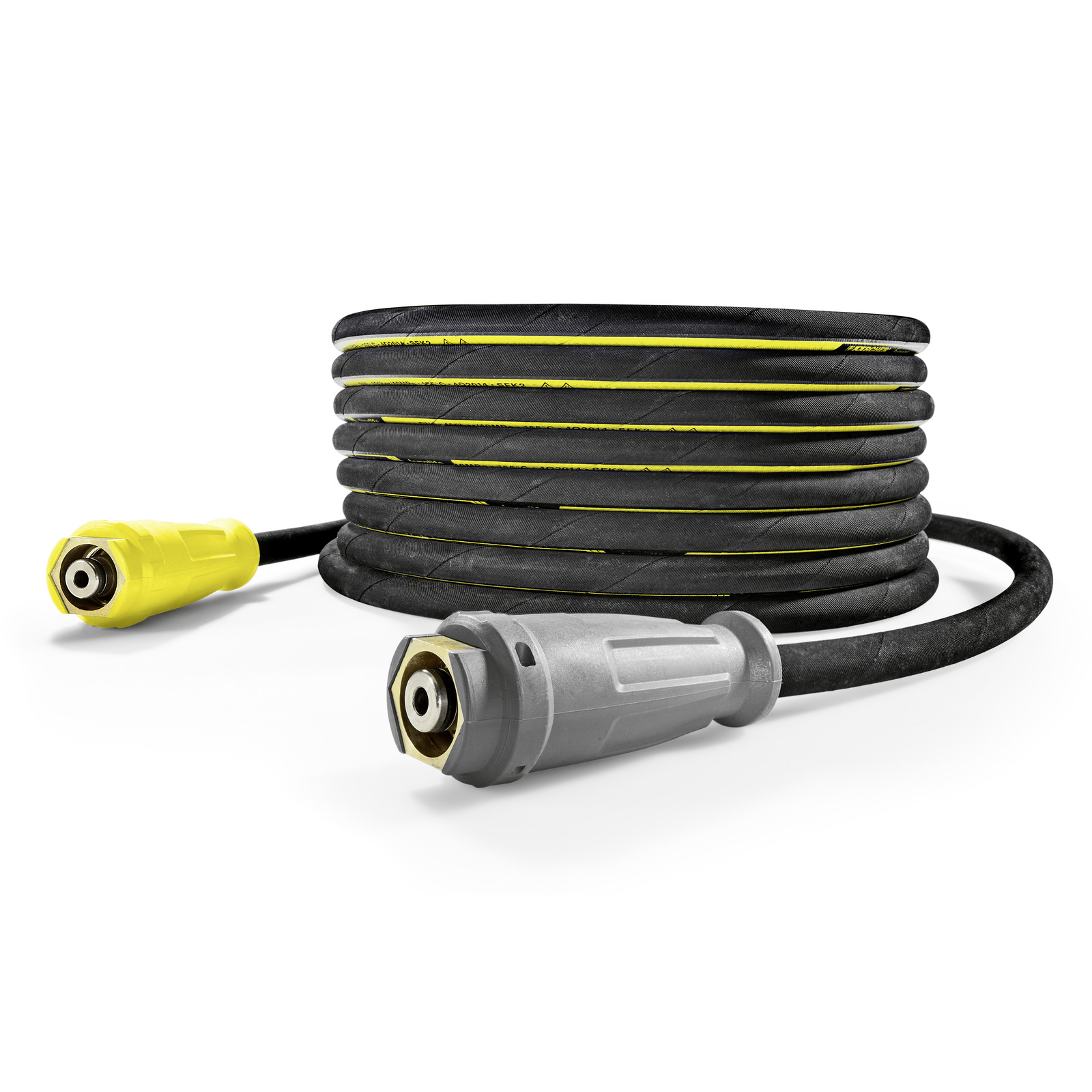 Coiled Kärcher high-pressure hose with yellow and grey connectors on a white background. Coiled Kärcher high-pressure hose with yellow and grey connectors on a white background.