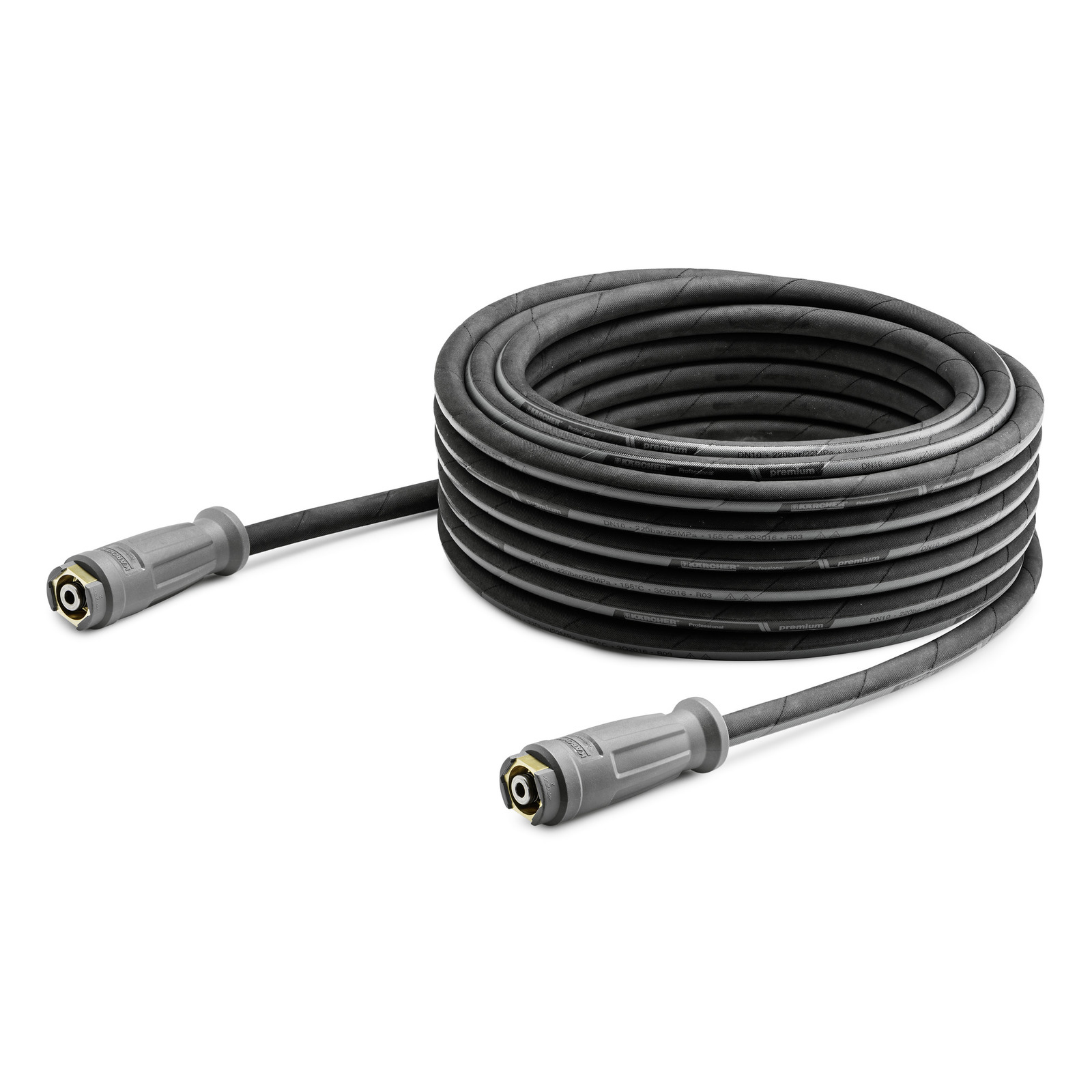 Coiled Kärcher high-pressure hose with connectors on both ends, set against a plain white background. Coiled Kärcher high-pressure hose with connectors on both ends, set against a plain white background.