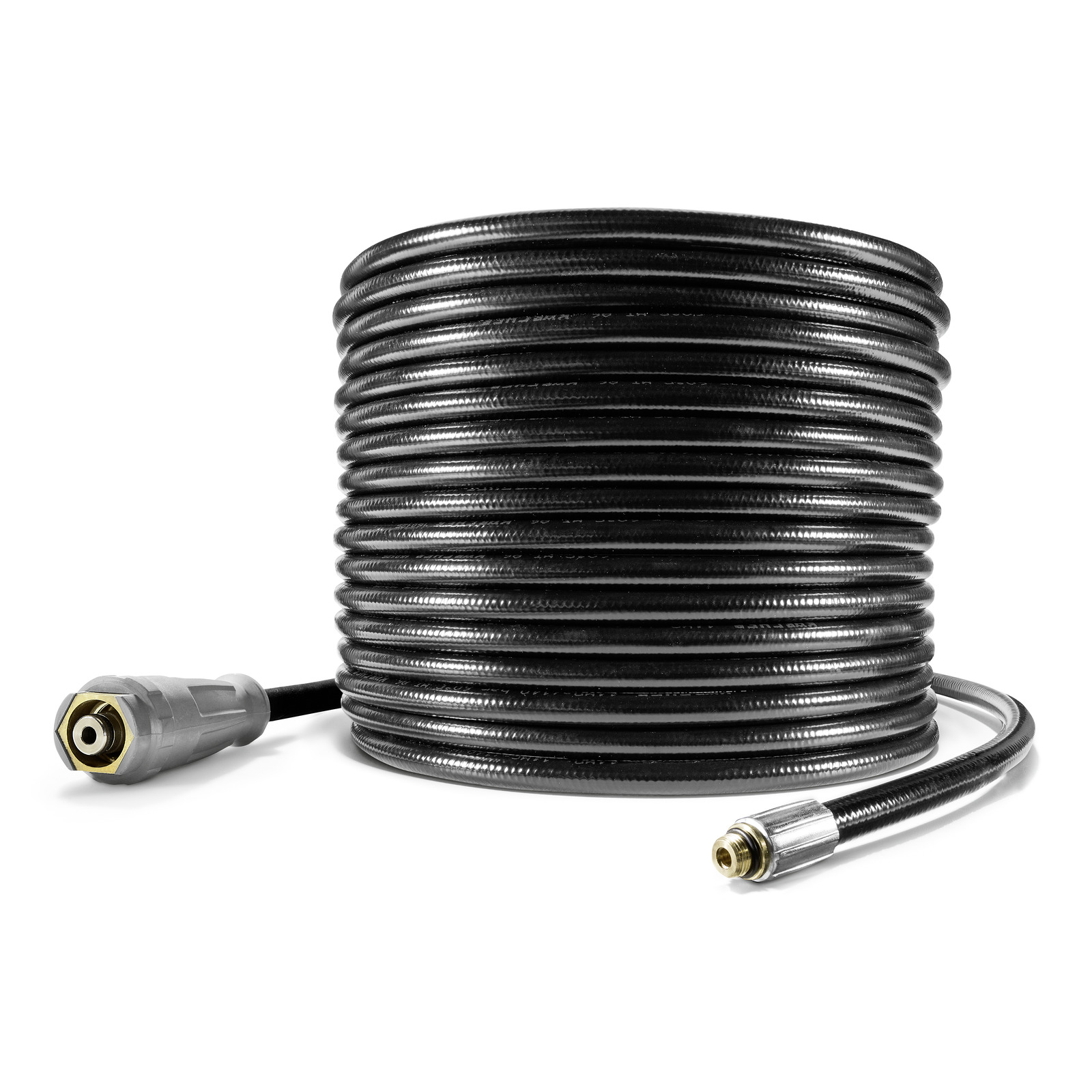Coiled black Kärcher high-pressure hose with metal connectors on a white background.