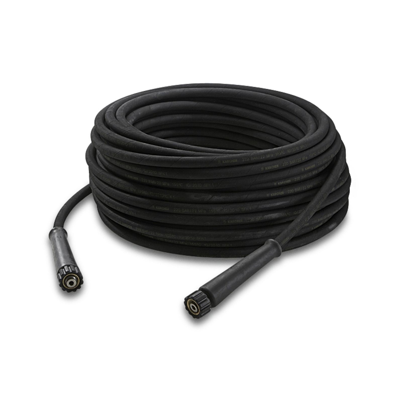 Coiled black Kärcher high-pressure hose with connectors at both ends, placed on a white background. Coiled black Kärcher high-pressure hose with connectors at both ends, placed on a white background.