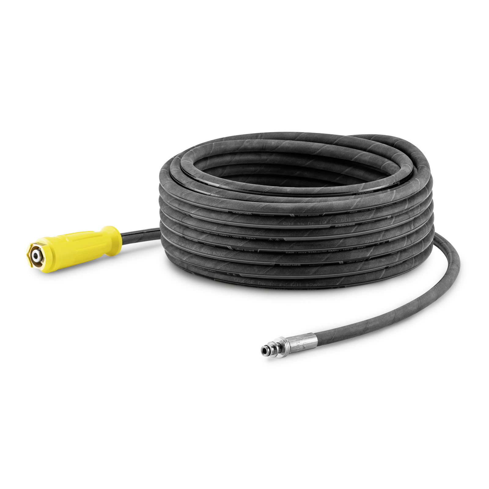 Coiled black hose with yellow connector and metal nozzle, isolated on a white background.