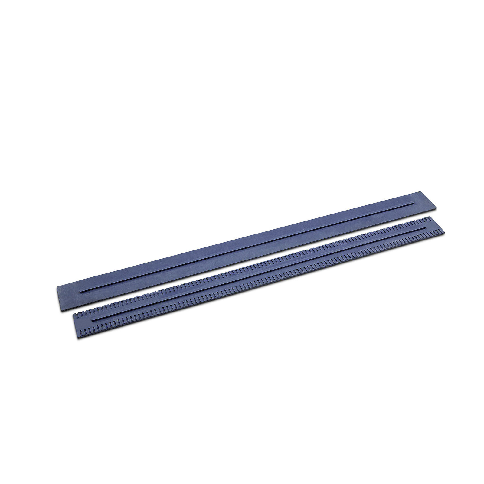 Two blue rubber strips, one with a smooth surface and the other with a serrated edge, laid side by side on a white background.
