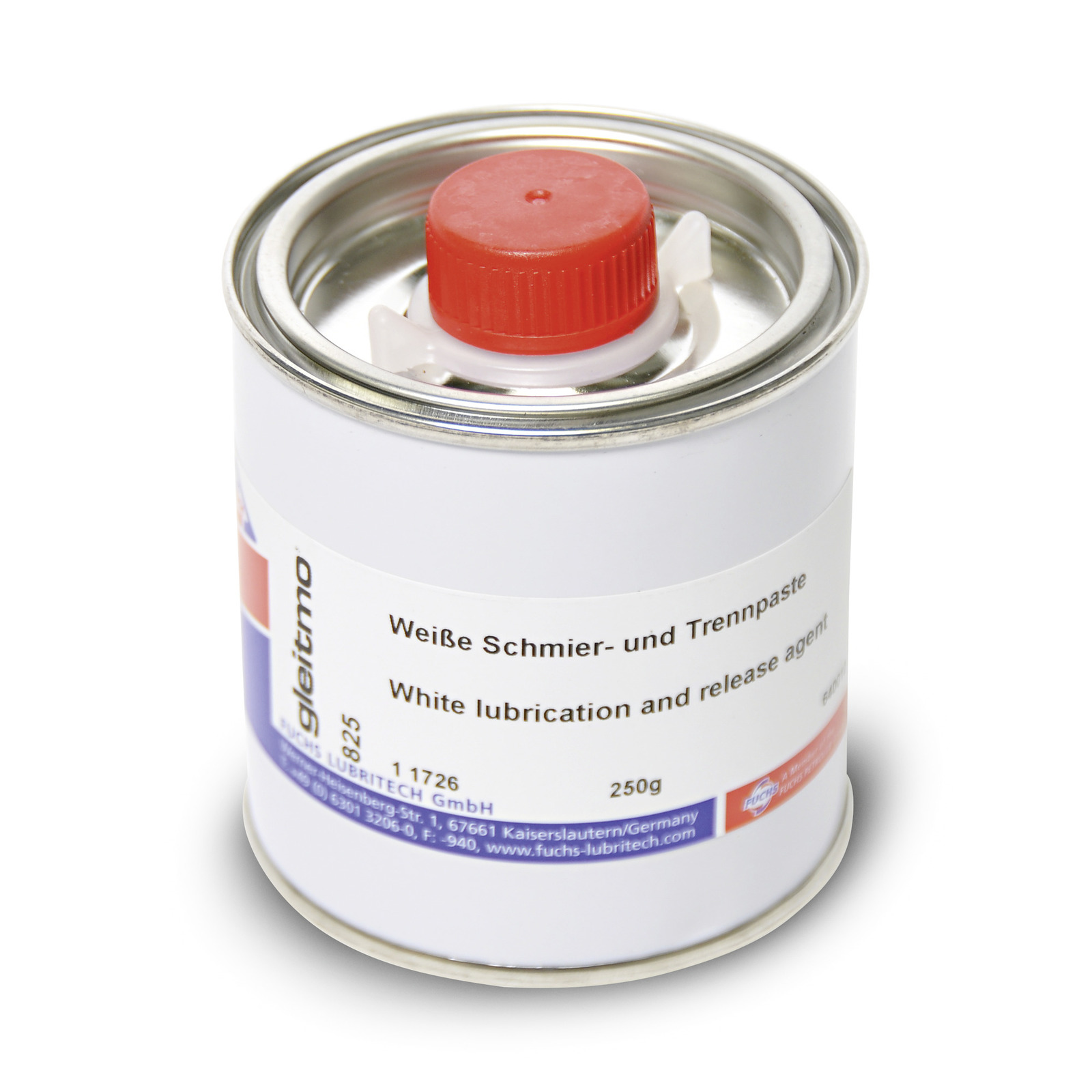 White lubrication and release agent can with red cap, 250g, by Fuchs Lubritech GmbH.