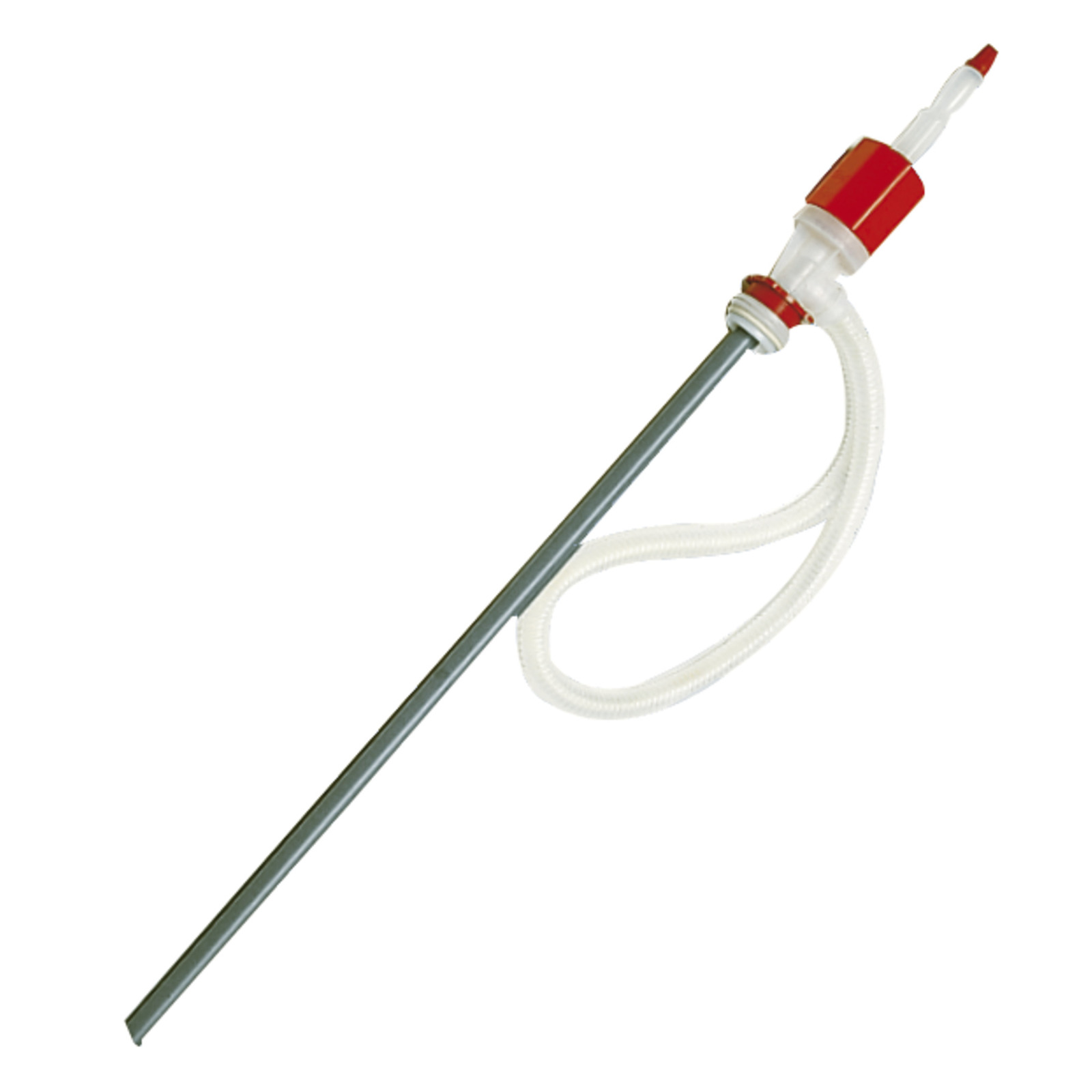 Manual siphon pump with a red and white nozzle, attached to a long grey tube and flexible white hose. Manual siphon pump with a red and white nozzle, attached to a long grey tube and flexible white hose.