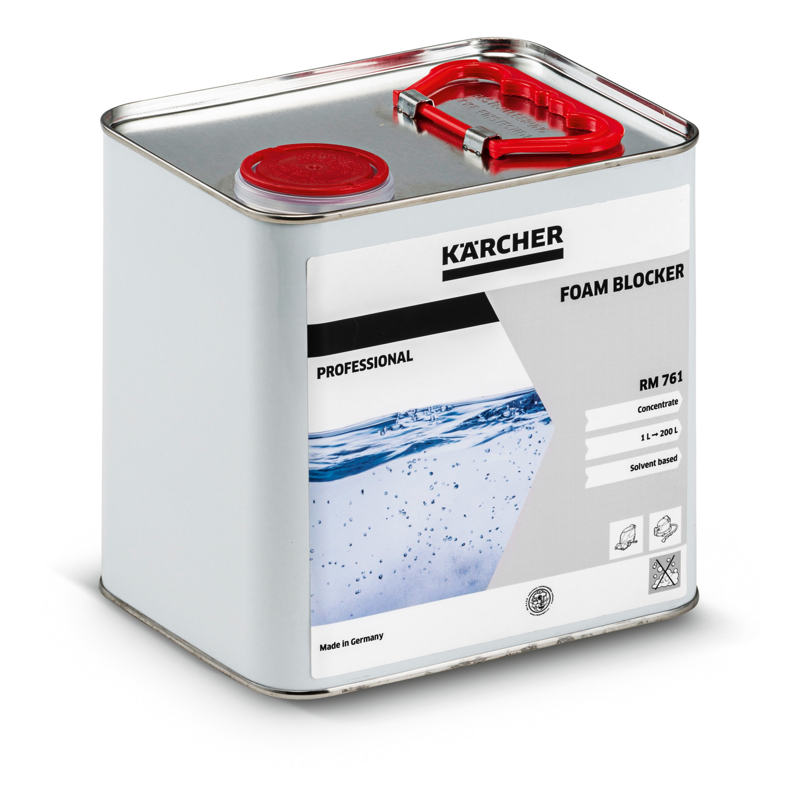 Kärcher foam blocker RM 761 in a metal container with red cap and handle, labelled "Professional" and "Made in Germany." Kärcher foam blocker RM 761 in a metal container with red cap and handle, labelled "Professional" and "Made in Germany."