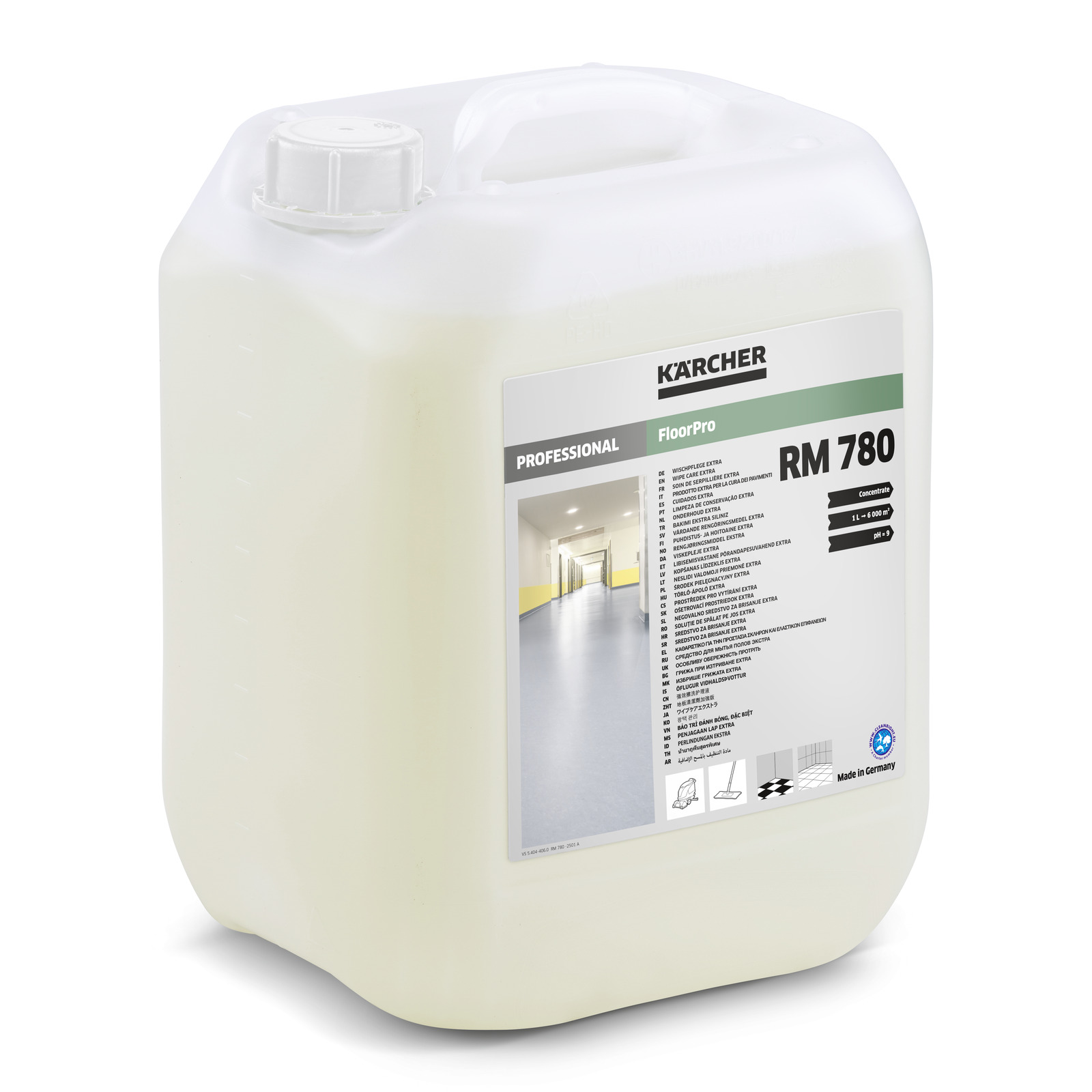 Kärcher RM 780 floor cleaner in a white plastic container with label detailing product information.