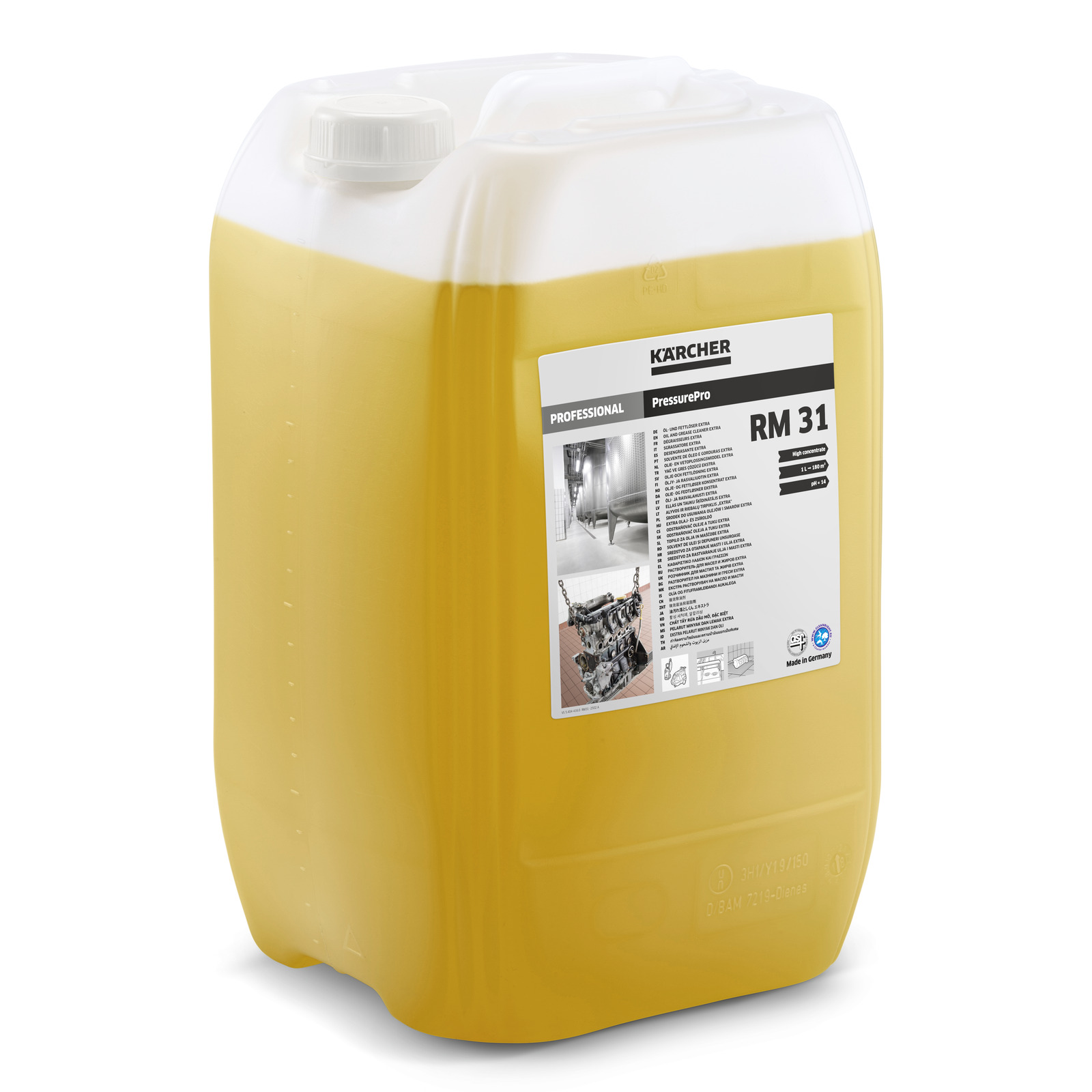 Kärcher RM 31 detergent container, orange liquid, white cap, label with product details and images.