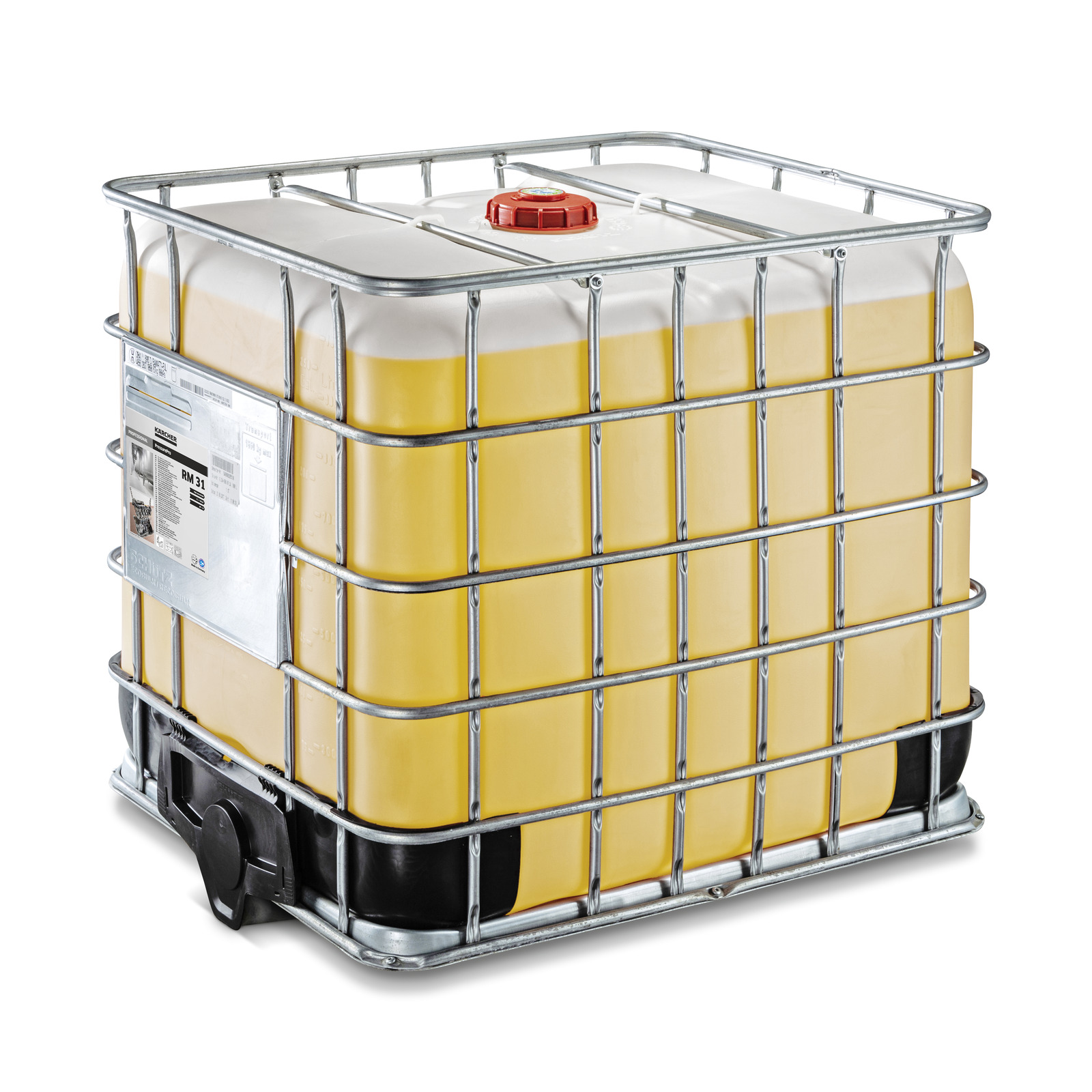 Large yellow liquid container with metal cage, red cap on top, and label on the side. Large yellow liquid container with metal cage, red cap on top, and label on the side.