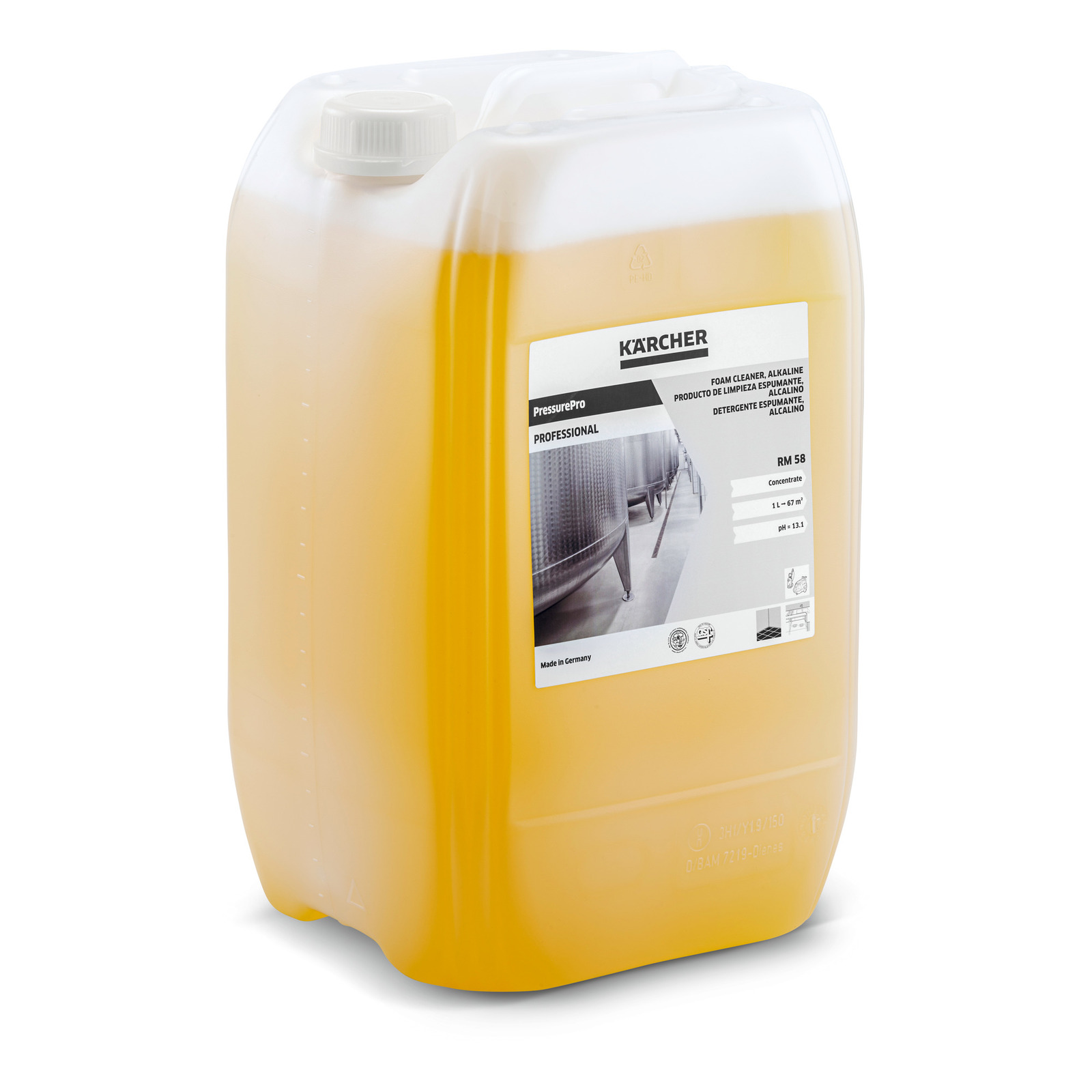 Yellow Kärcher PressurePro Professional RM 58 detergent container with label detailing specifications.
