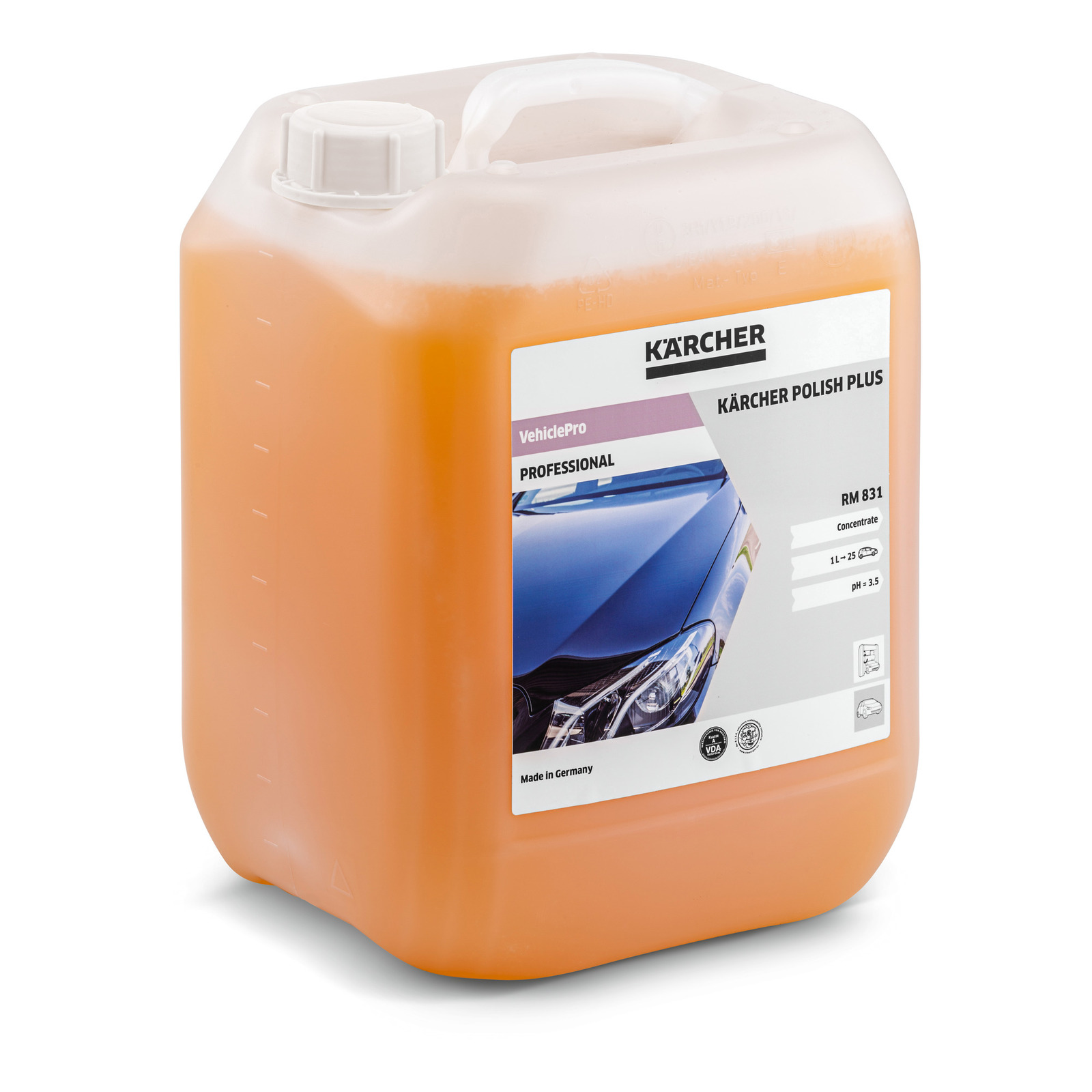 Kärcher Polish Plus RM 831 container with orange liquid, featuring a car image on the label. Kärcher Polish Plus RM 831 container with orange liquid, featuring a car image on the label.