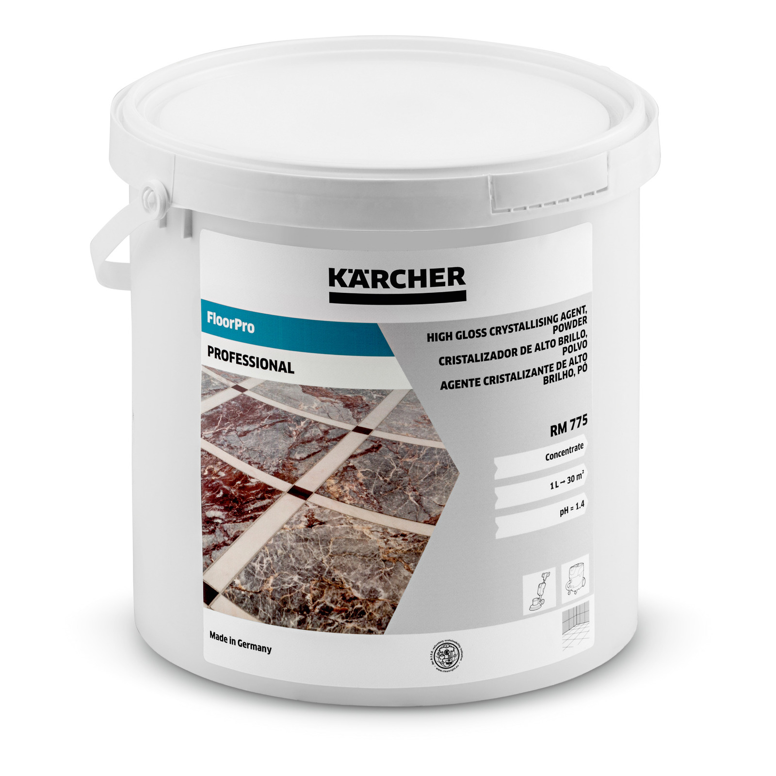 White bucket of Kärcher FloorPro RM 775, high gloss crystallising agent, with marble floor image on label. White bucket of Kärcher FloorPro RM 775, high gloss crystallising agent, with marble floor image on label.
