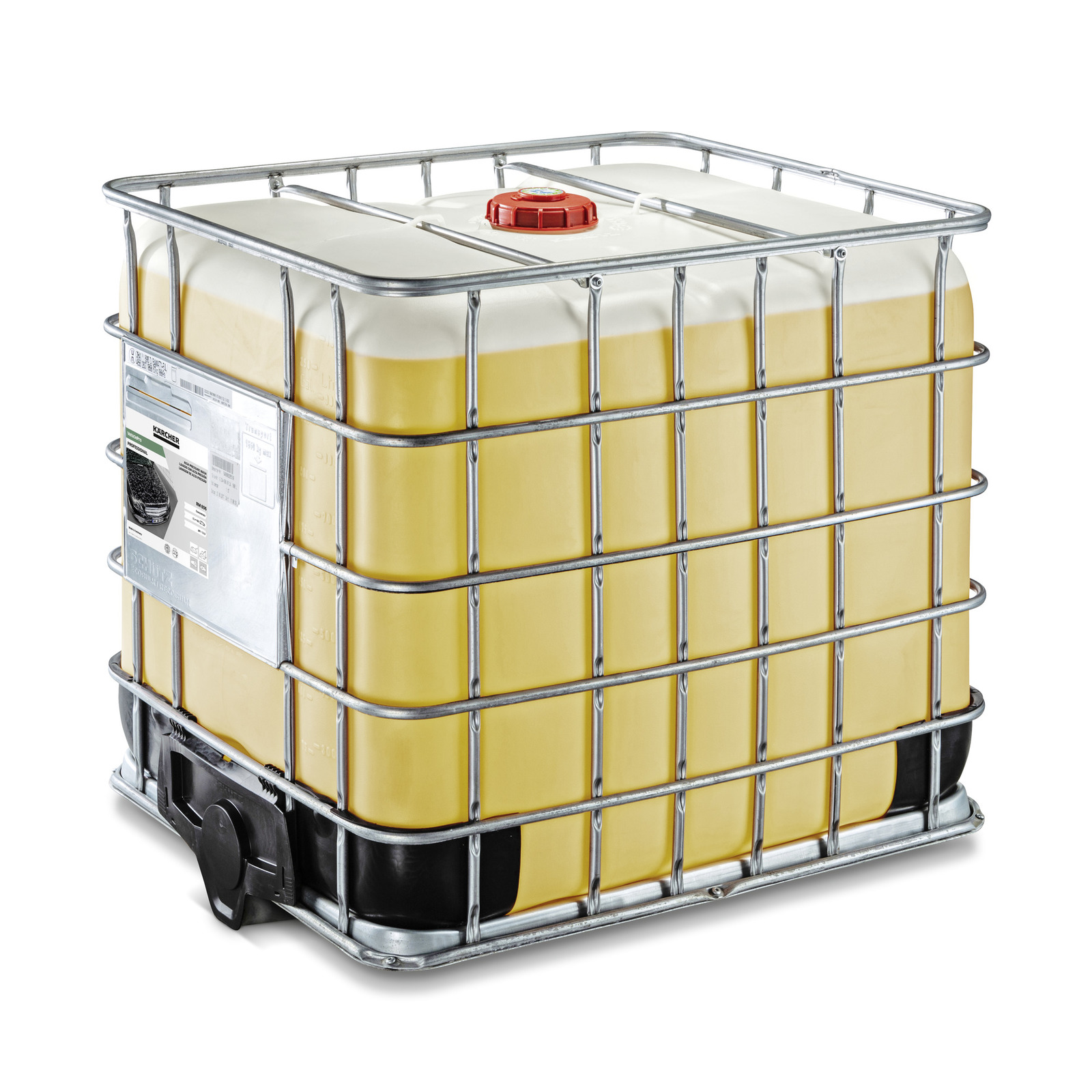 Yellow Kärcher detergent container with a red cap, encased in a metal cage. Labels visible on the side. Yellow Kärcher detergent container with a red cap, encased in a metal cage. Labels visible on the side.