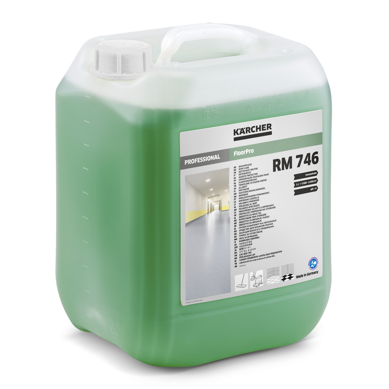 Kärcher RM 746 floor cleaner in a green 5-litre container with a label showing product details and a hallway image. Kärcher RM 746 floor cleaner in a green 5-litre container with a label showing product details and a hallway image.