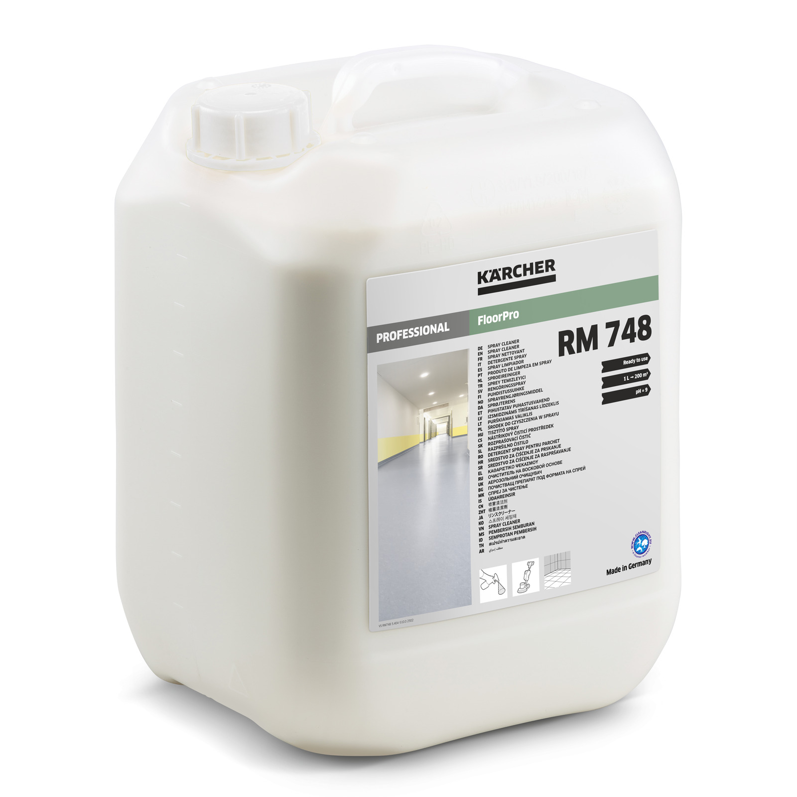 Kärcher RM 748 floor cleaner container with label detailing product information and usage instructions.