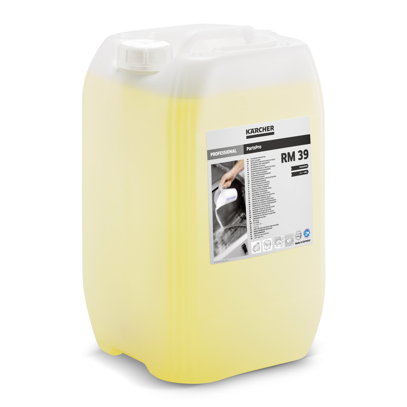 Yellow container of Kärcher RM 39 detergent with label showing usage instructions and product details. Yellow container of Kärcher RM 39 detergent with label showing usage instructions and product details.