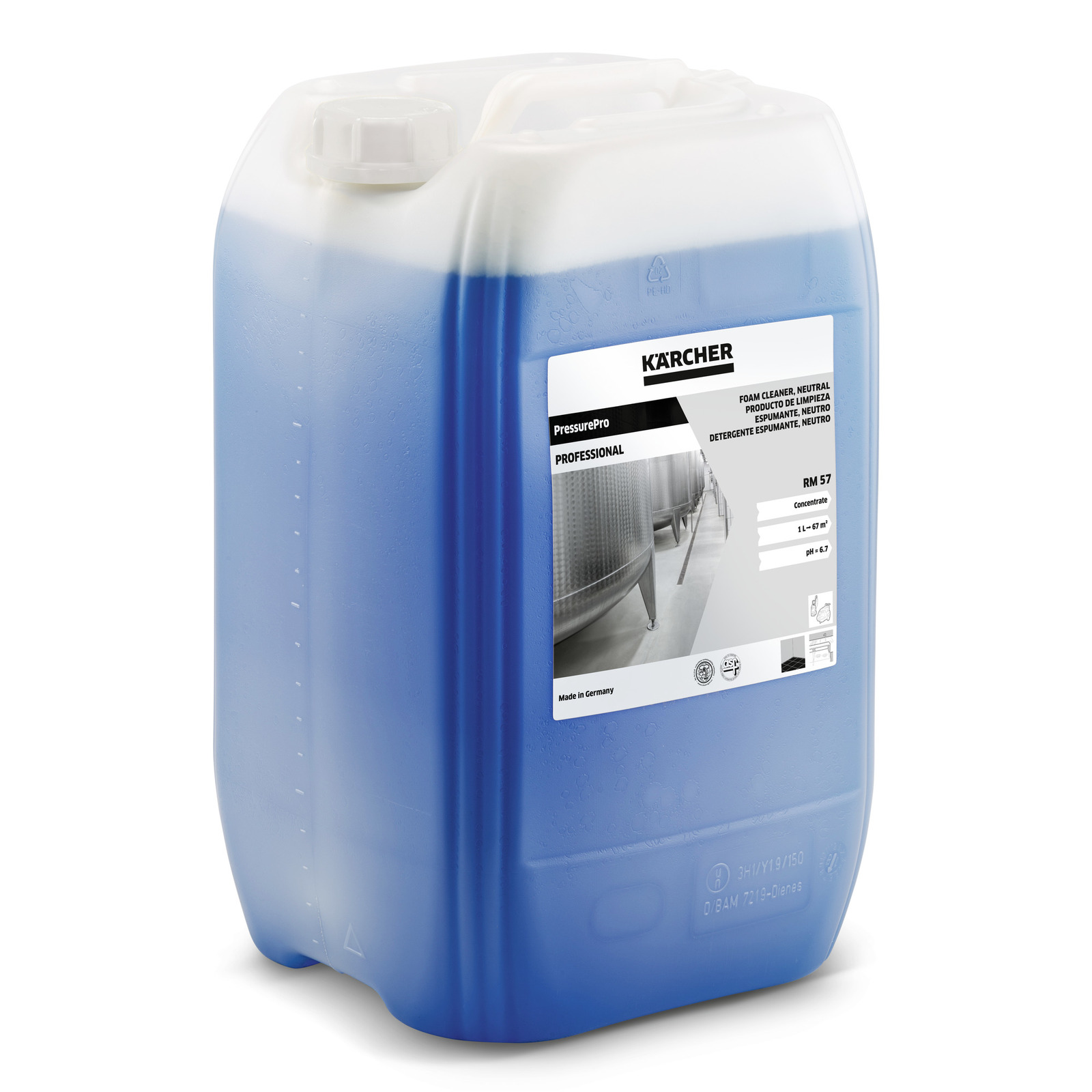 Blue Kärcher PressurePro RM 57 detergent container with label detailing product specifications. Blue Kärcher PressurePro RM 57 detergent container with label detailing product specifications.
