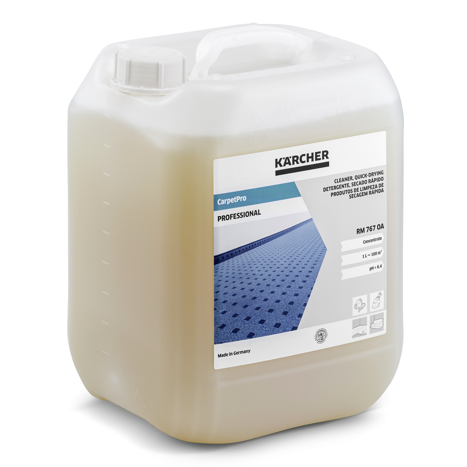 Kärcher CarpetPro RM 767 OA detergent container with label detailing product information. Kärcher CarpetPro RM 767 OA detergent container with label detailing product information.