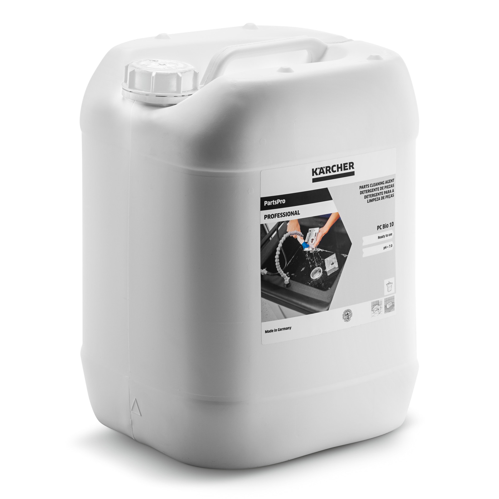White Kärcher PartsPro Professional PC Bio 10 container with label showing cleaning action.