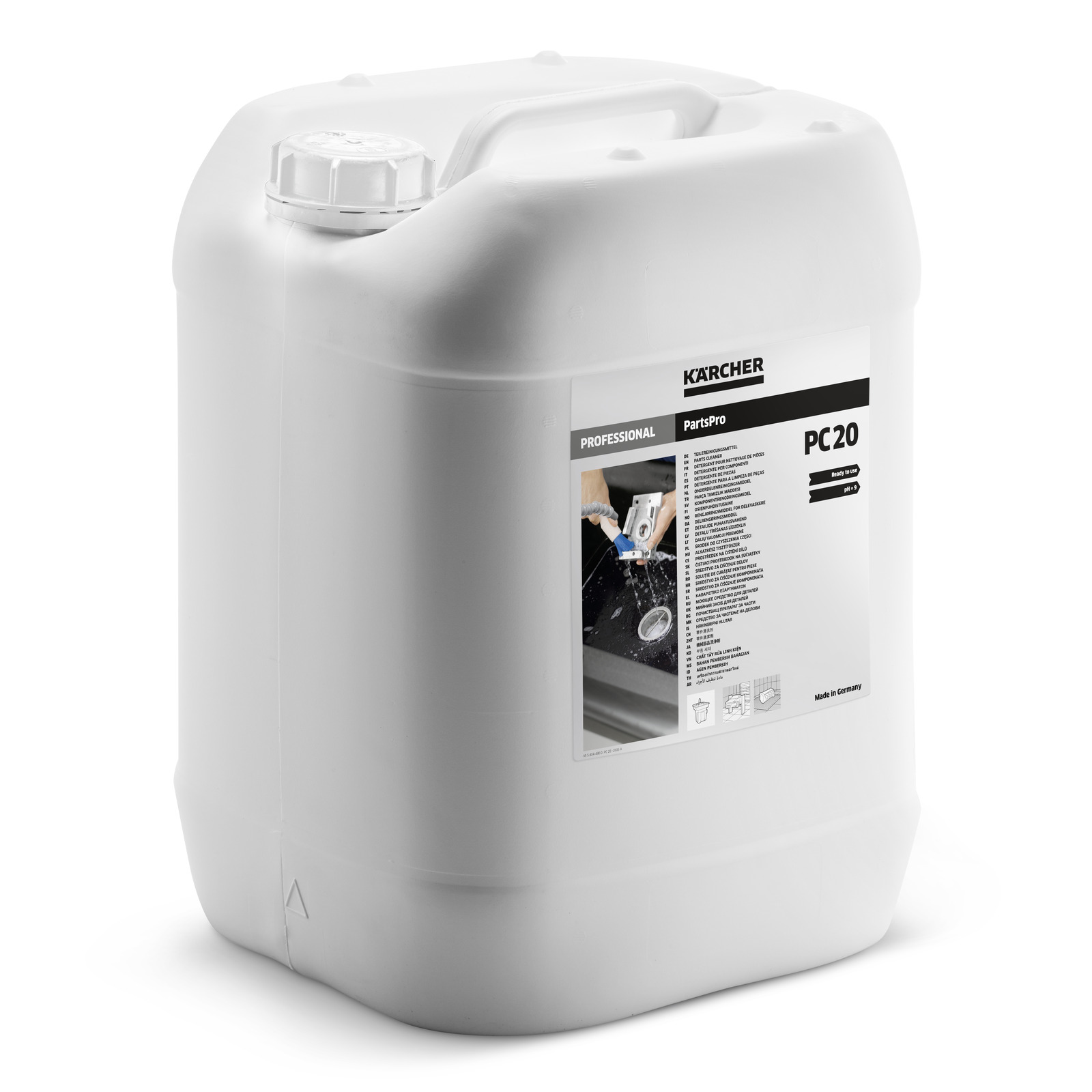White Kärcher professional cleaning detergent container with label detailing PC 20 product information and usage instructions. White Kärcher professional cleaning detergent container with label detailing PC 20 product information and usage instructions.