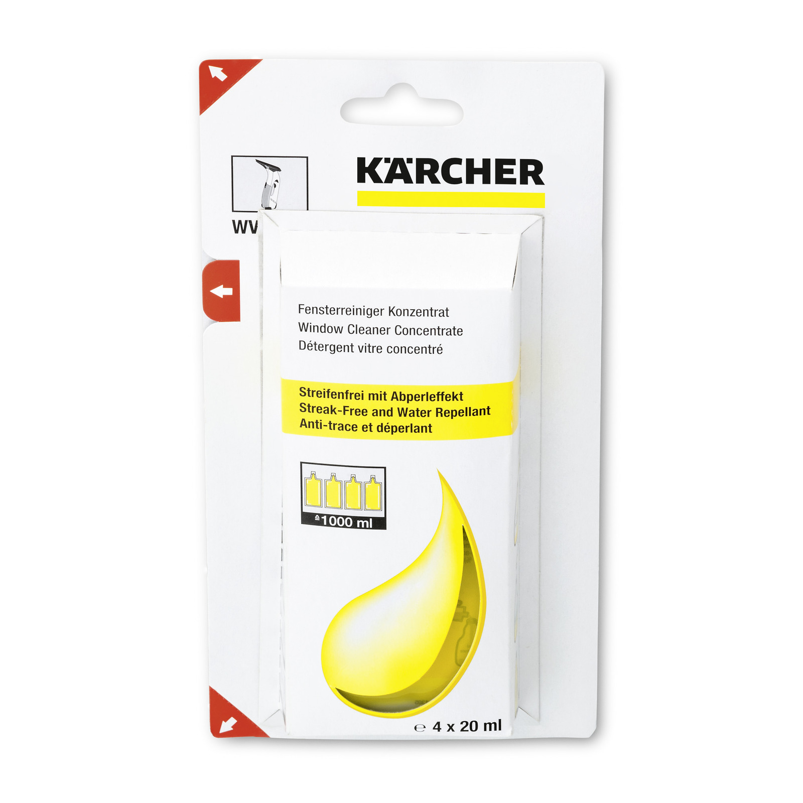 Kärcher window cleaner concentrate packaging, featuring a yellow droplet graphic and multilingual text.