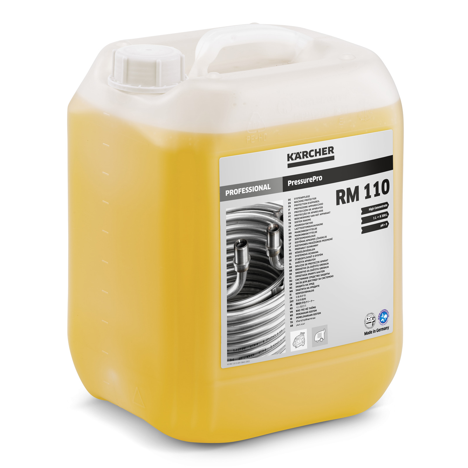 Kärcher RM 110 professional cleaning solution in a large orange container with a white cap and label detailing product information.