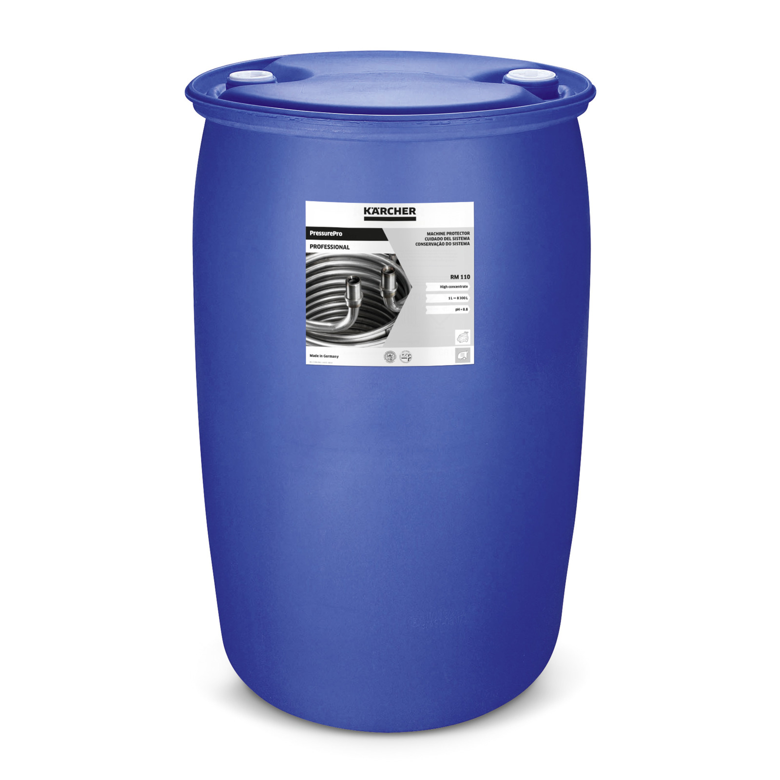 Blue Kärcher drum with PressurePro Professional label, featuring an image of metal coils and product details.