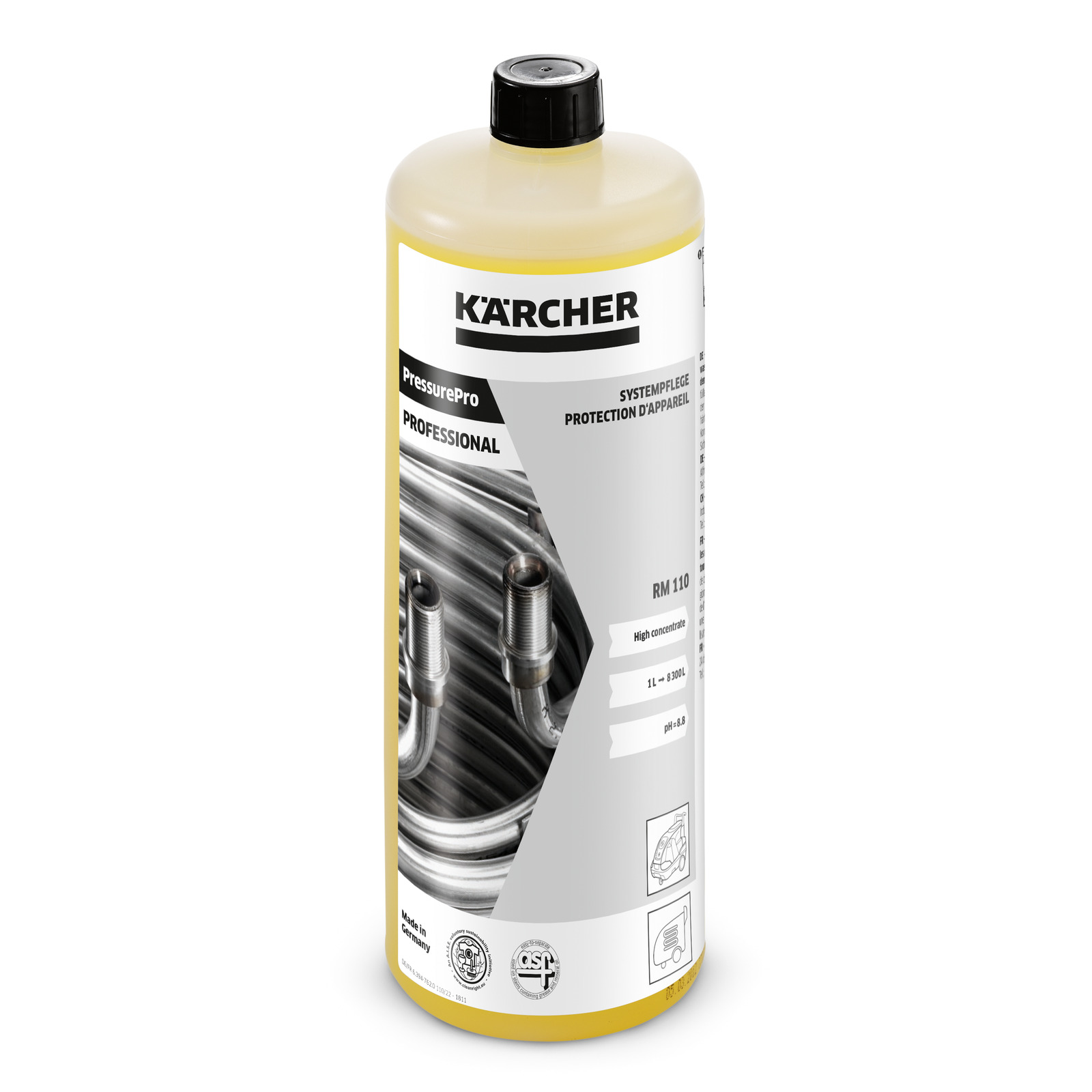 Kärcher PressurePro RM 110 bottle with yellow liquid, labelled for professional use, featuring metal pipes on the label design. Kärcher PressurePro RM 110 bottle with yellow liquid, labelled for professional use, featuring metal pipes on the label design.