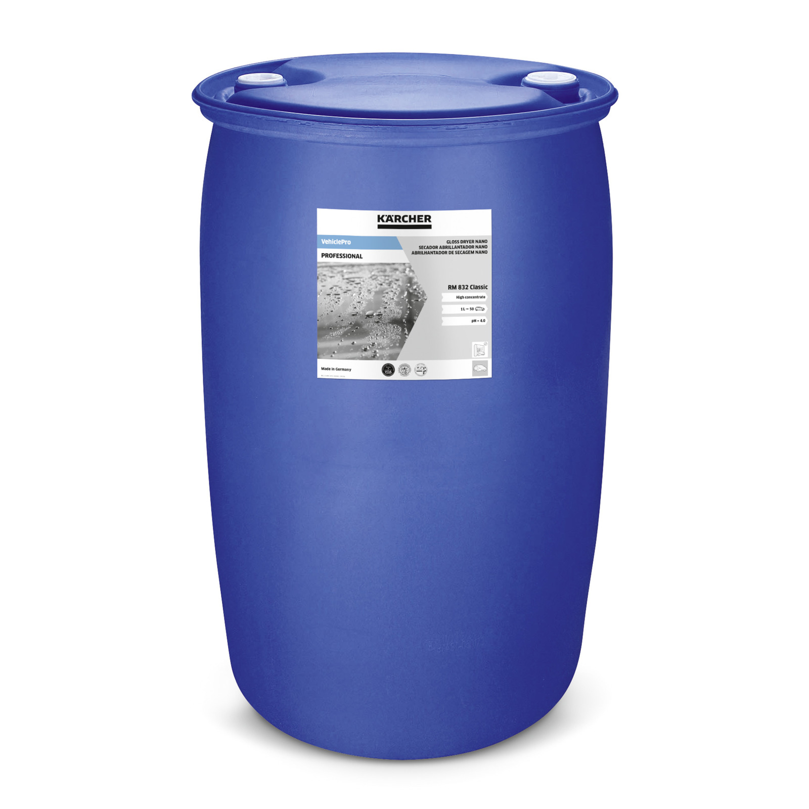 Blue Kärcher barrel with a label for RM 832 Classic detergent, featuring product details and branding. Blue Kärcher barrel with a label for RM 832 Classic detergent, featuring product details and branding.