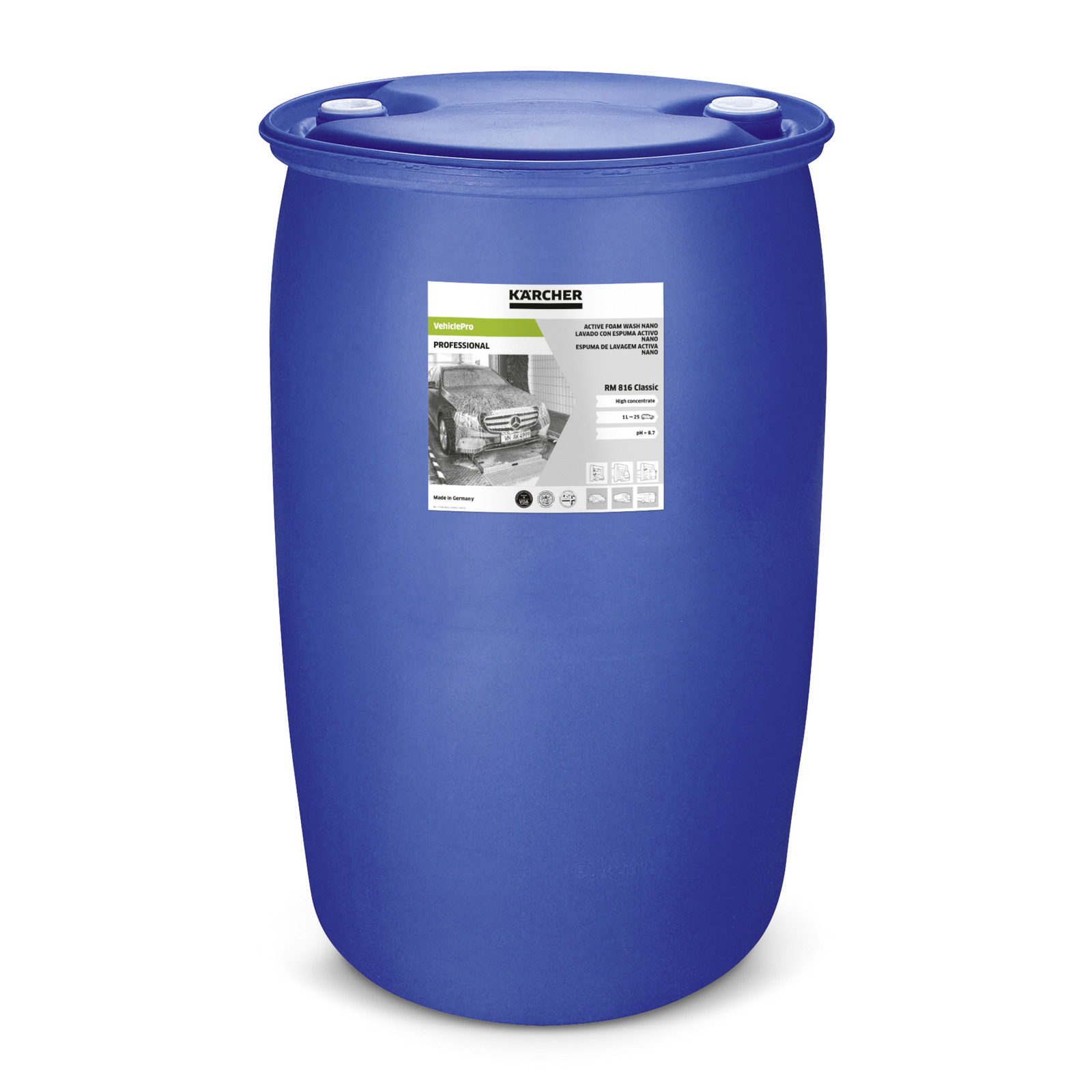 Blue Kärcher barrel with VehiclePro label, showing a car wash image and product details. Blue Kärcher barrel with VehiclePro label, showing a car wash image and product details.
