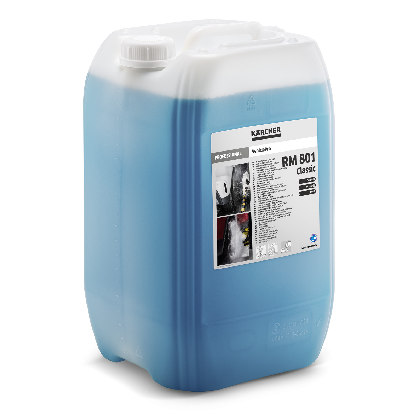 Recipientă albastră de detergent Kärcher RM 801 Classic, cu etichetă albă și capac alb.