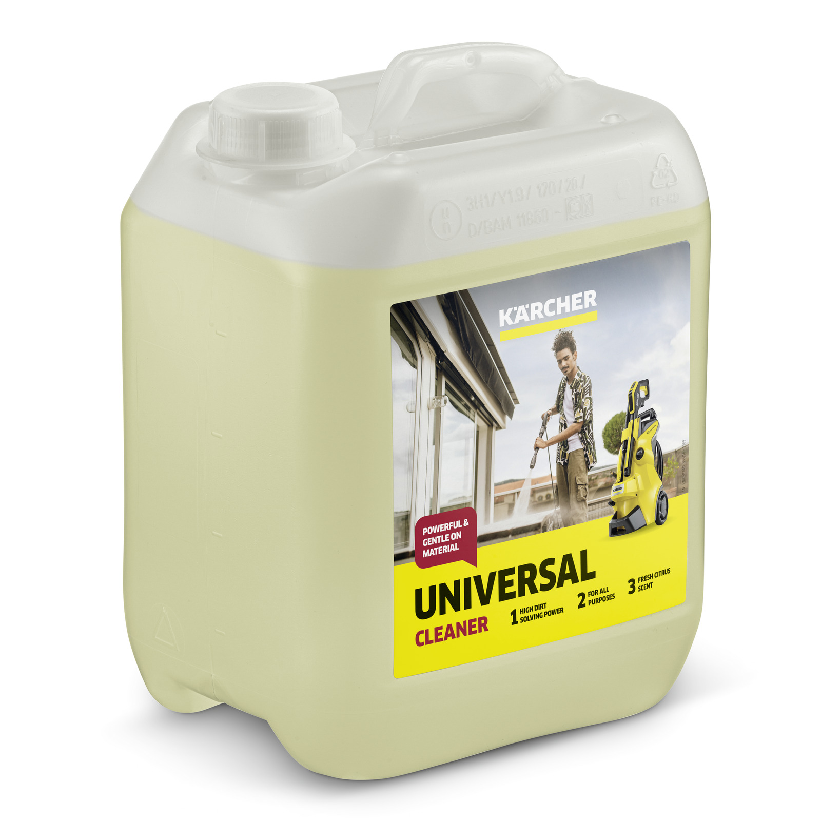 Kärcher Universal Cleaner container with label showing a person using a Kärcher high-pressure cleaner outdoors. Kärcher Universal Cleaner container with label showing a person using a Kärcher high-pressure cleaner outdoors.