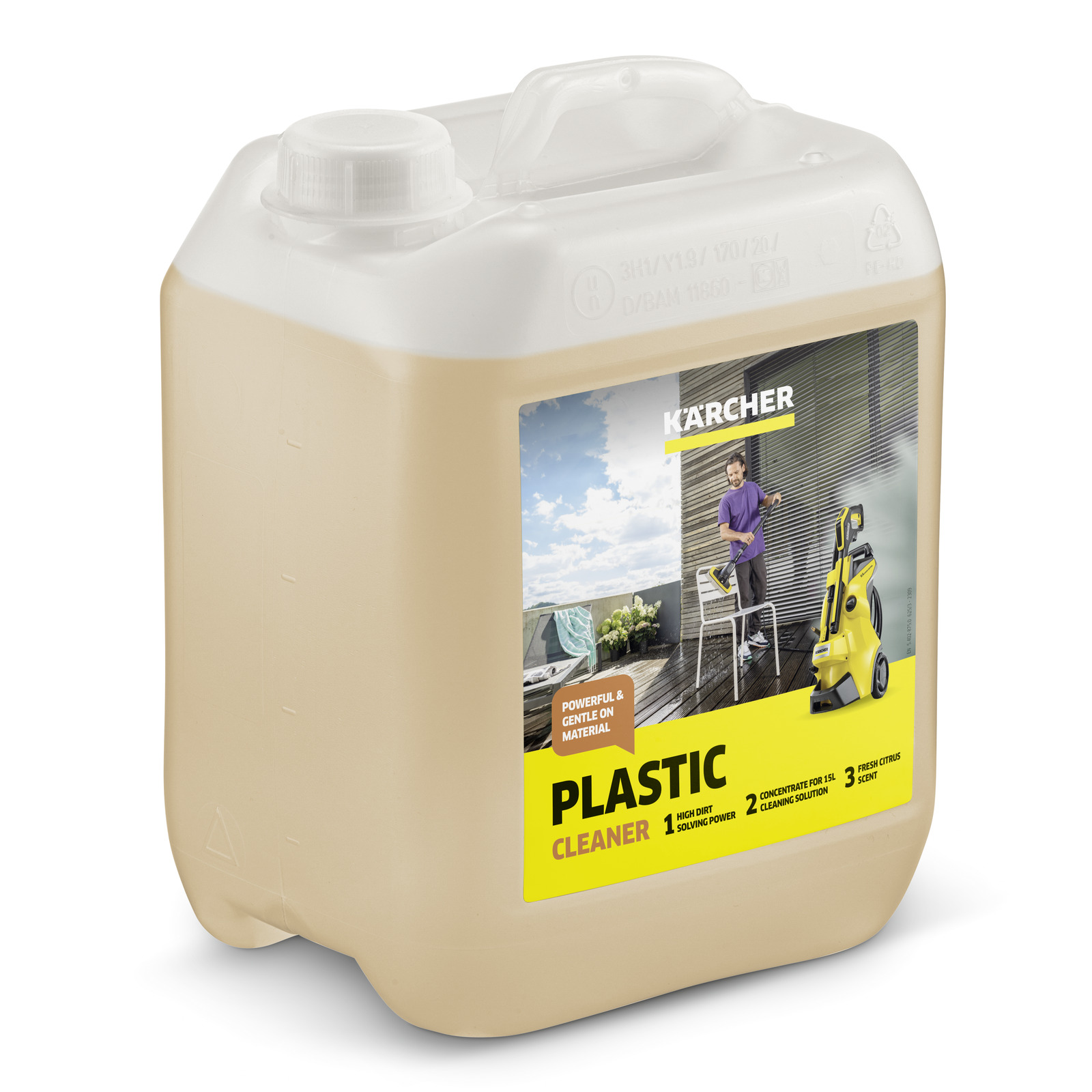 Kärcher plastic cleaner container with label showing outdoor cleaning scene and Kärcher high-pressure cleaner. Kärcher plastic cleaner container with label showing outdoor cleaning scene and Kärcher high-pressure cleaner.