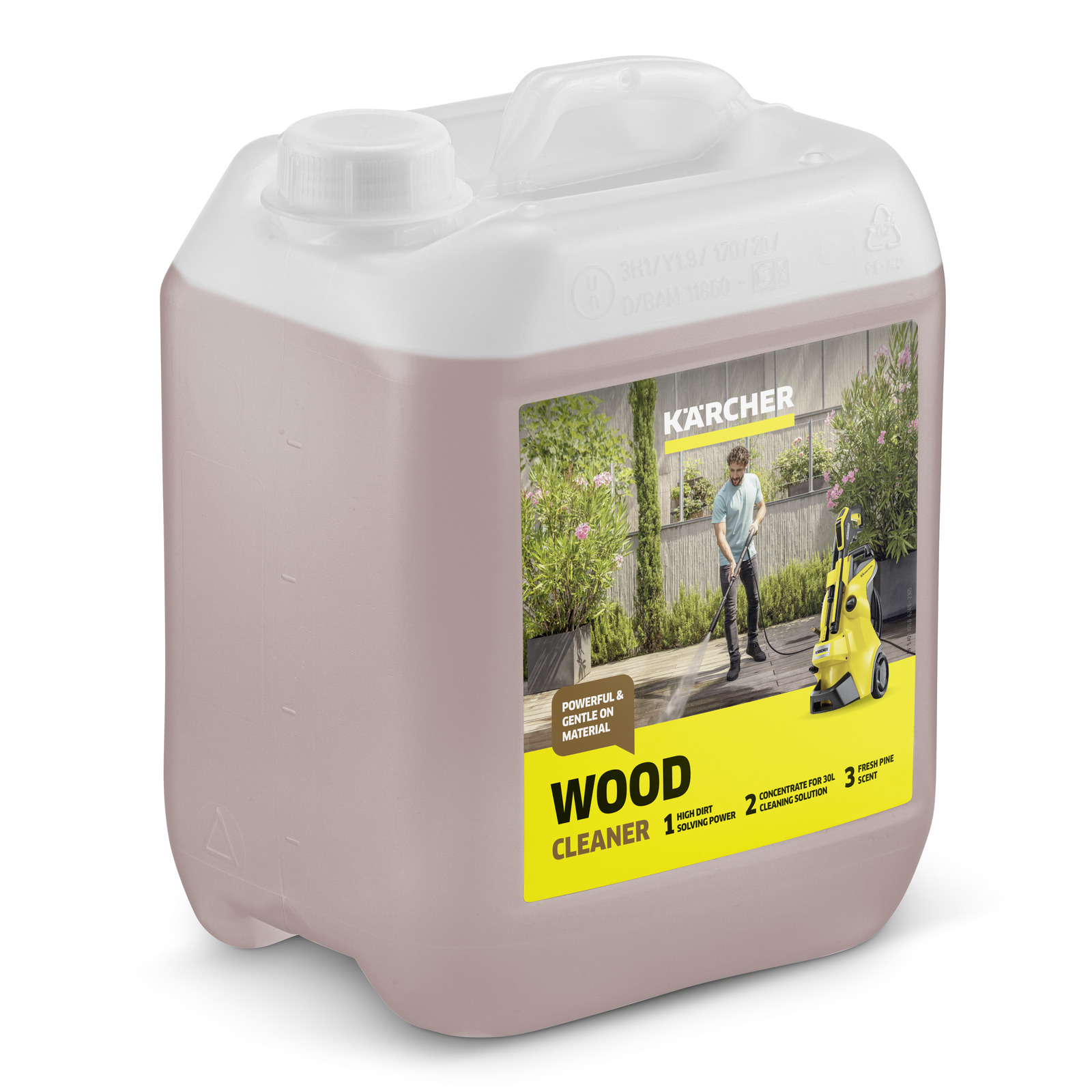 Kärcher Wood Cleaner container with label showing a person using a Kärcher high-pressure cleaner in a garden setting. Kärcher Wood Cleaner container with label showing a person using a Kärcher high-pressure cleaner in a garden setting.
