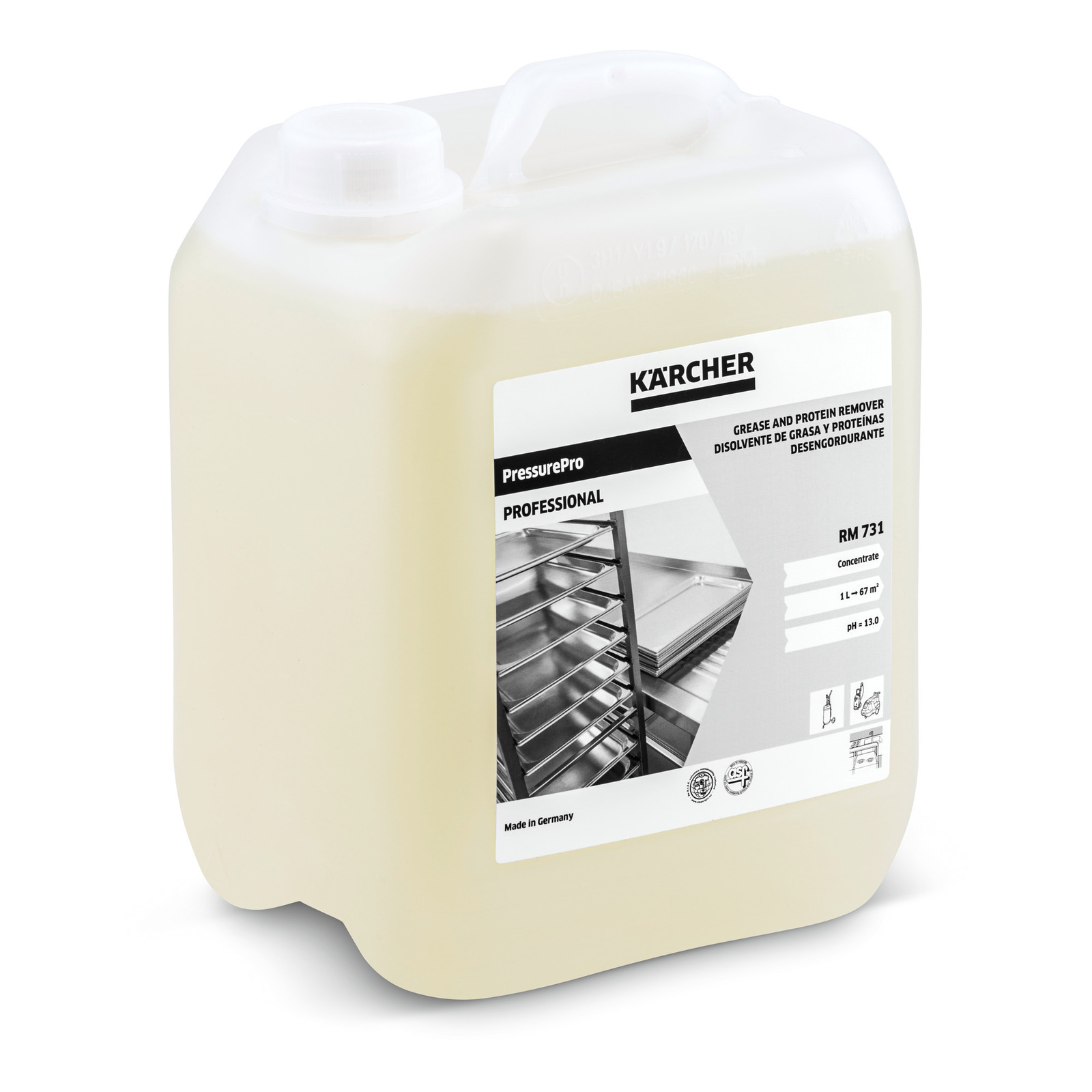 Kärcher PressurePro RM 731 container, grease and protein remover, 11-litre capacity, labelled with product details.