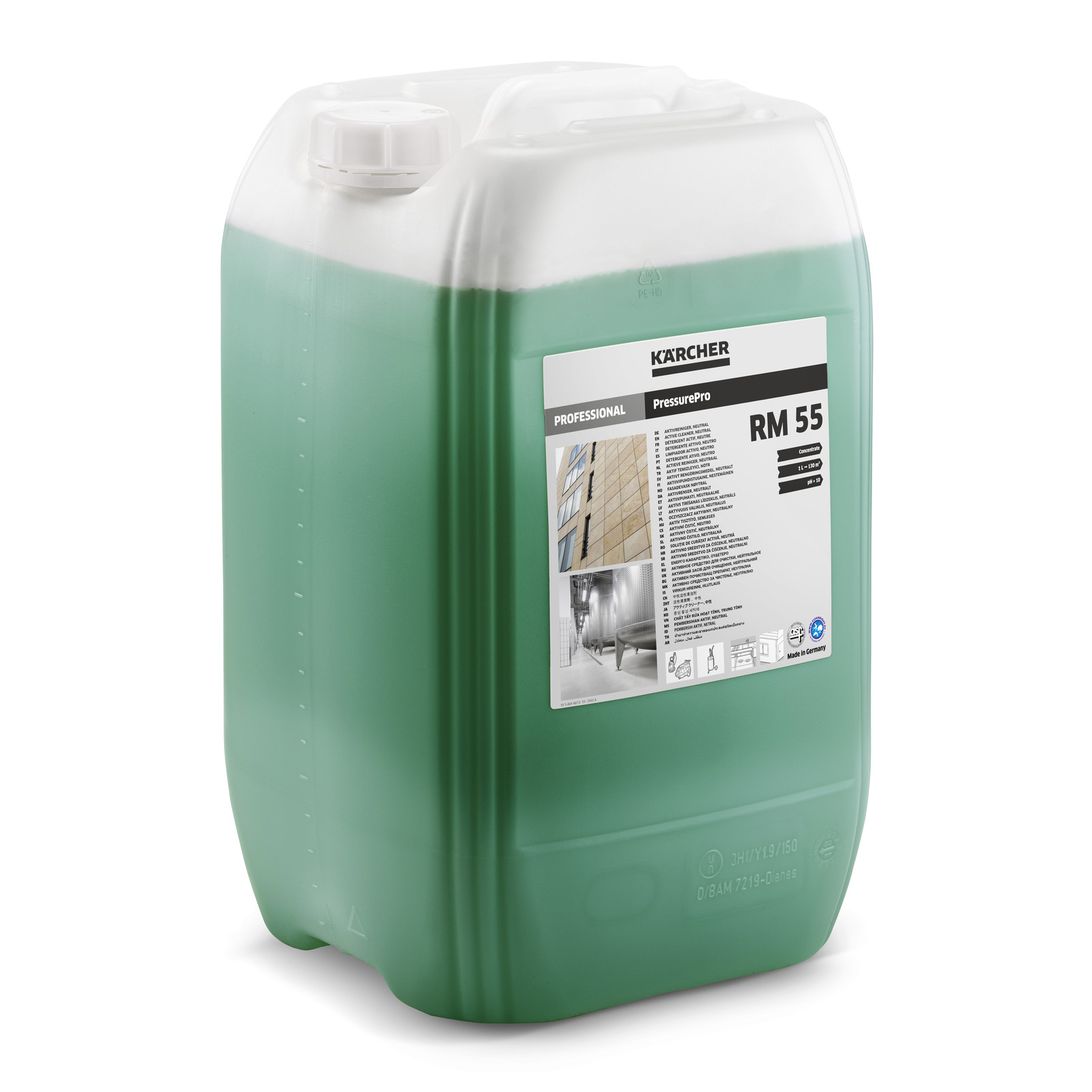 Kärcher RM 55 detergent container with green liquid, white cap, and product label detailing usage instructions. Kärcher RM 55 detergent container with green liquid, white cap, and product label detailing usage instructions.