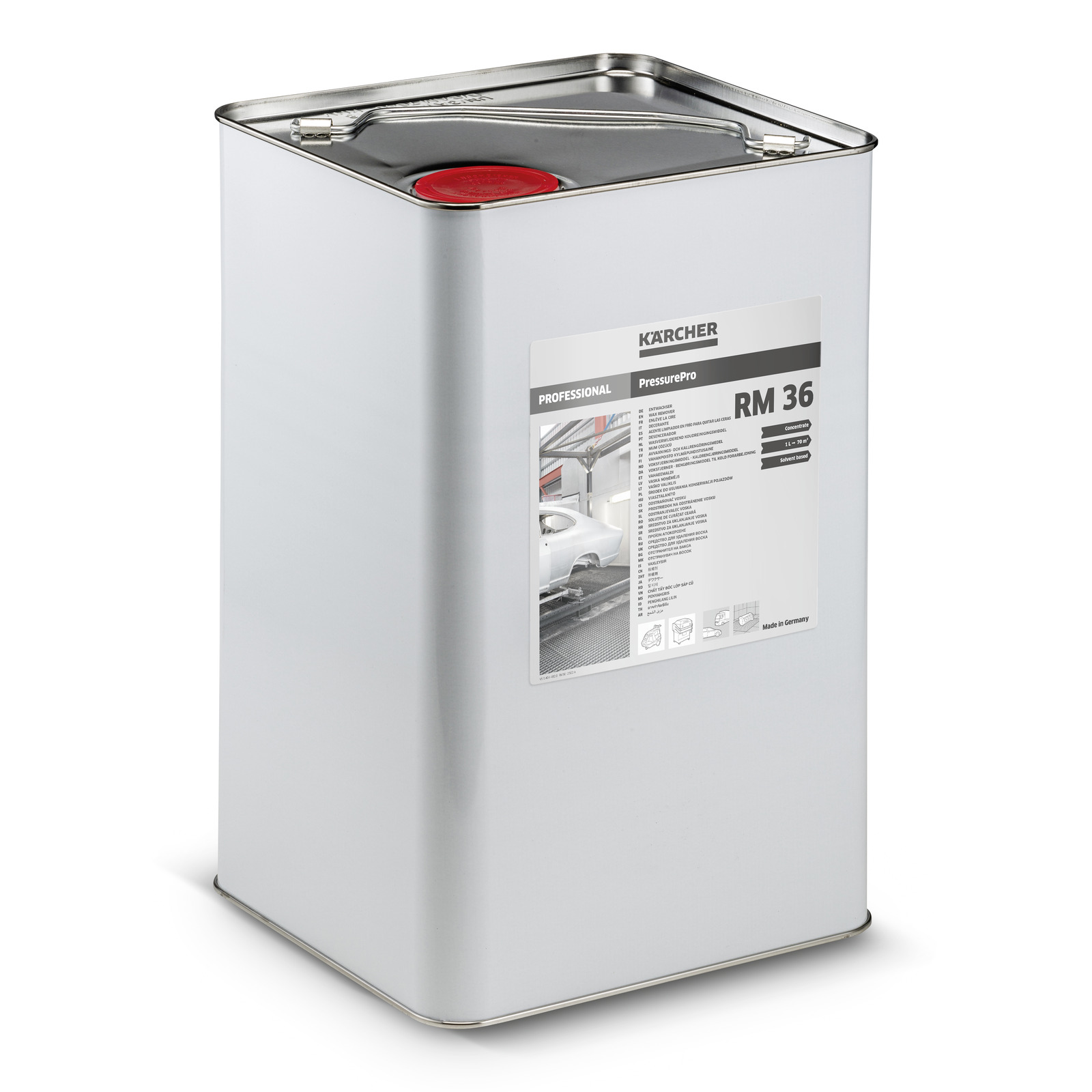 Silver container with a red cap, labeled Kärcher RM 36.