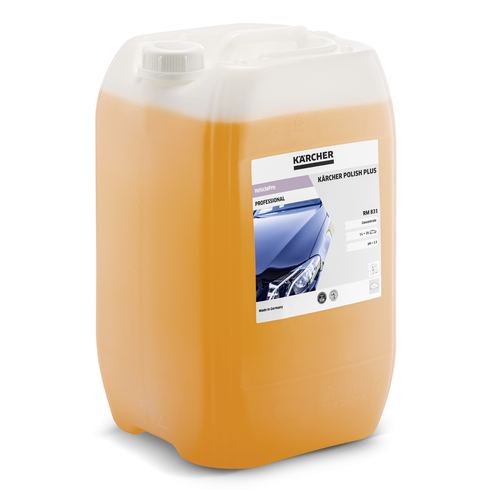 Orange container of Kärcher Polish Plus RM 831, featuring a car image on the label, with a white cap. Orange container of Kärcher Polish Plus RM 831, featuring a car image on the label, with a white cap.