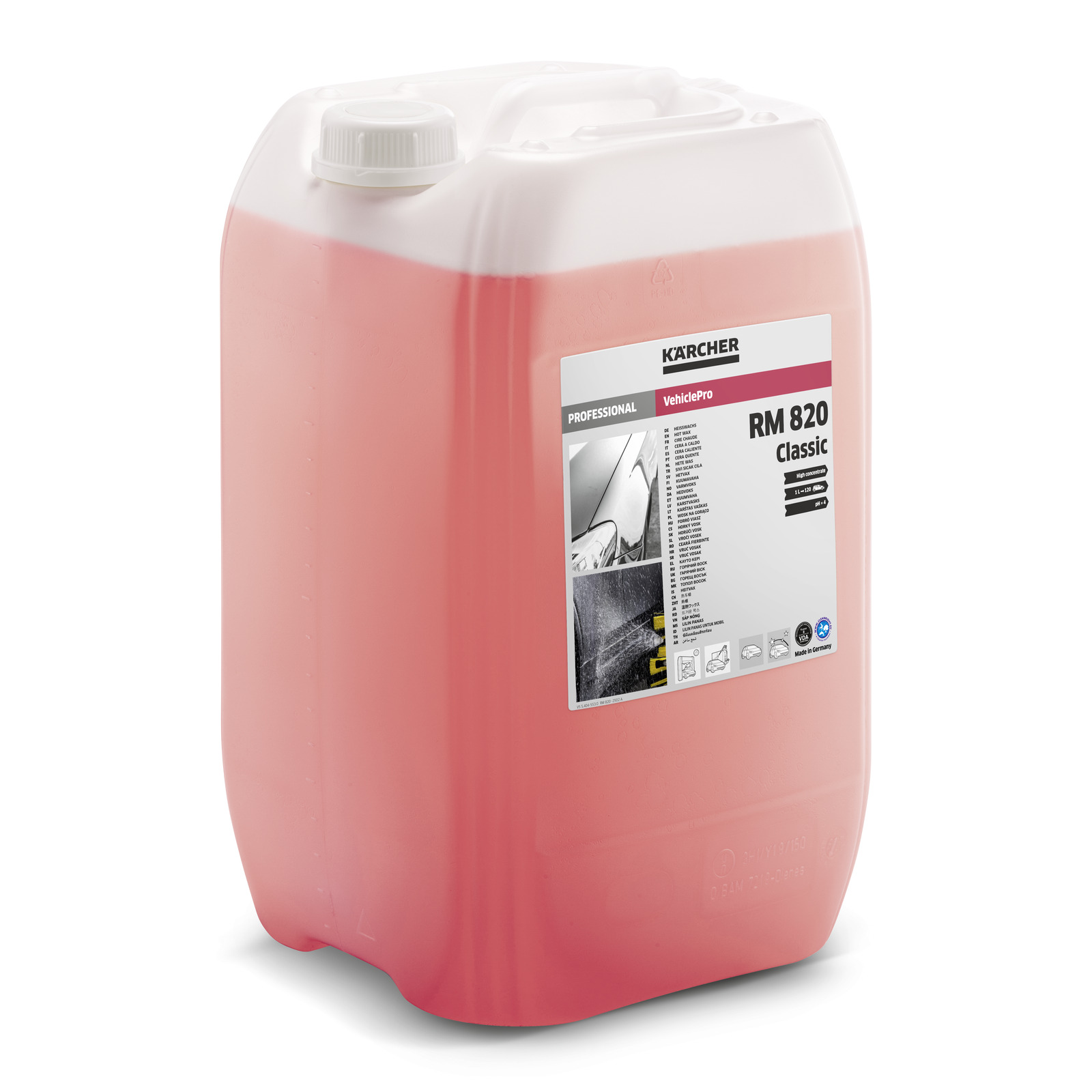 Red Kärcher RM 820 Classic detergent container with label detailing product information.