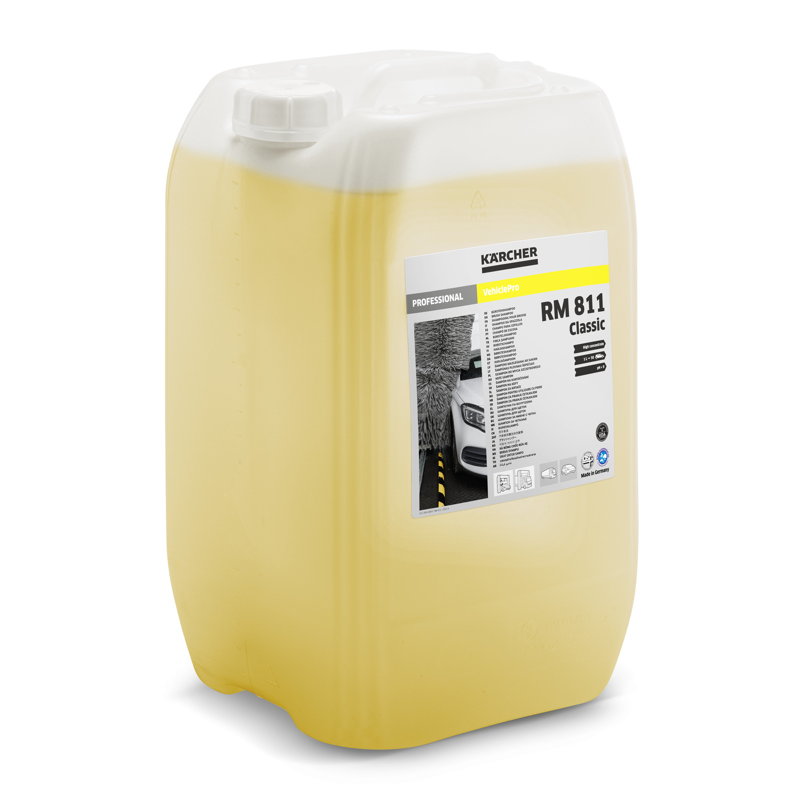 Yellow Kärcher RM 811 Classic detergent container with a white cap and label displaying product details.