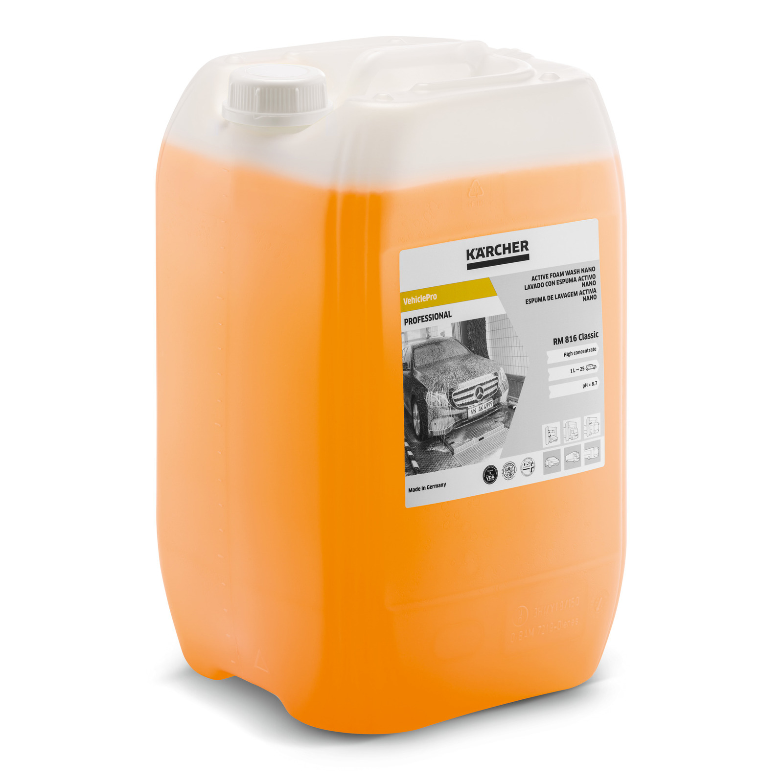 Orange Kärcher RM 816 Classic detergent container with label showing a car being cleaned. Orange Kärcher RM 816 Classic detergent container with label showing a car being cleaned.